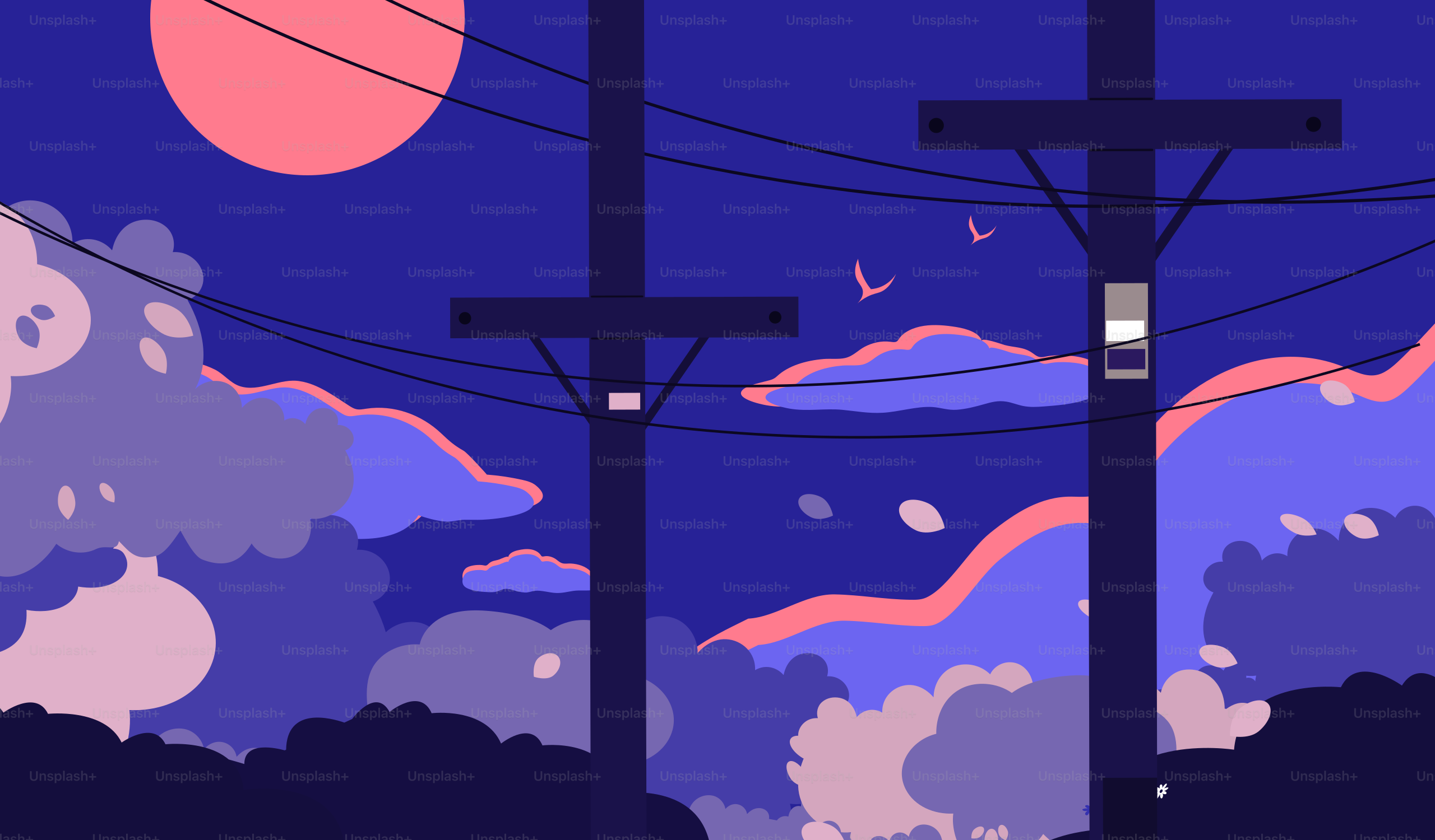 Céu noturno com nuvens, lua e linhas de energia.