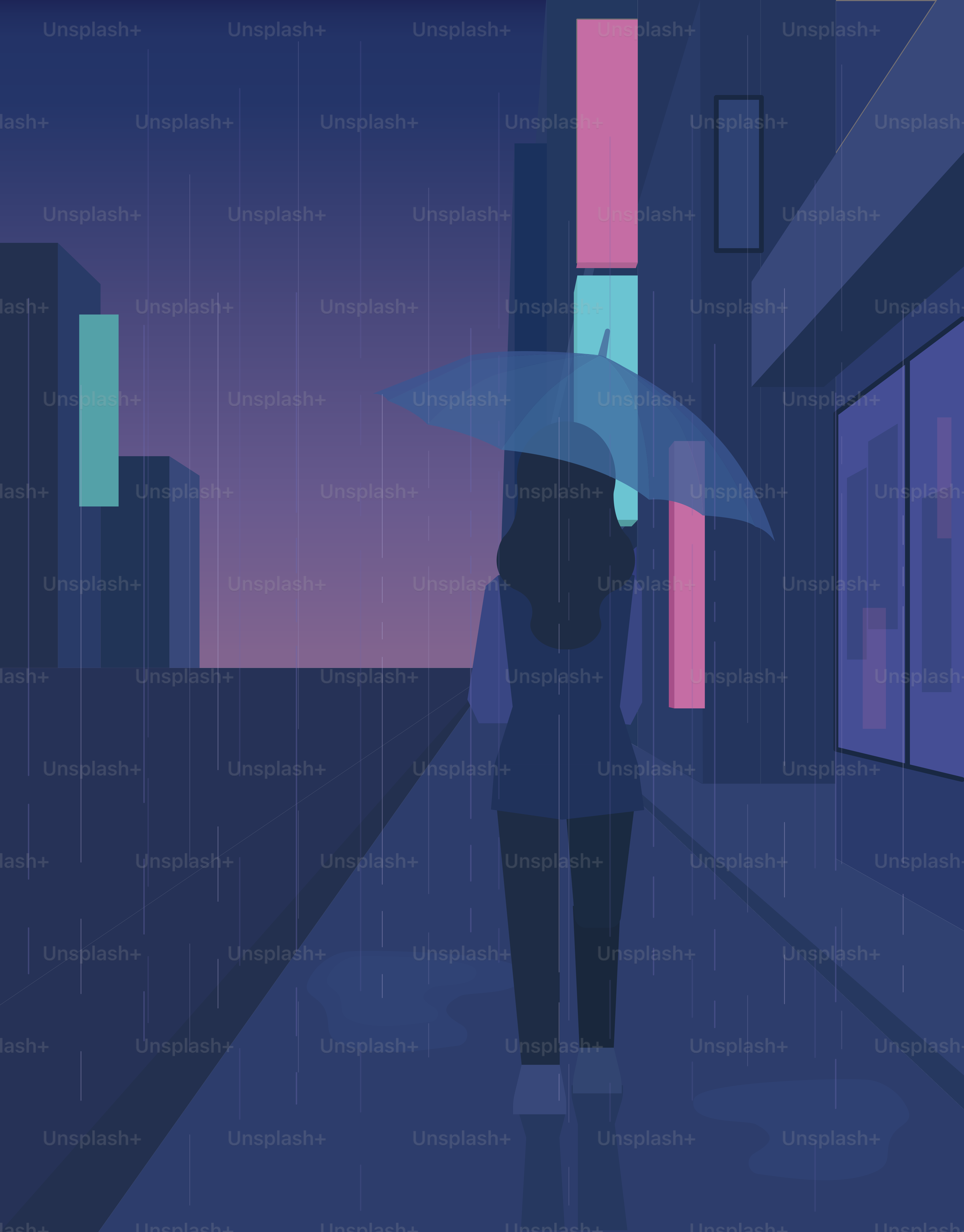 Eine einsame Person geht nachts im Regen spazieren.