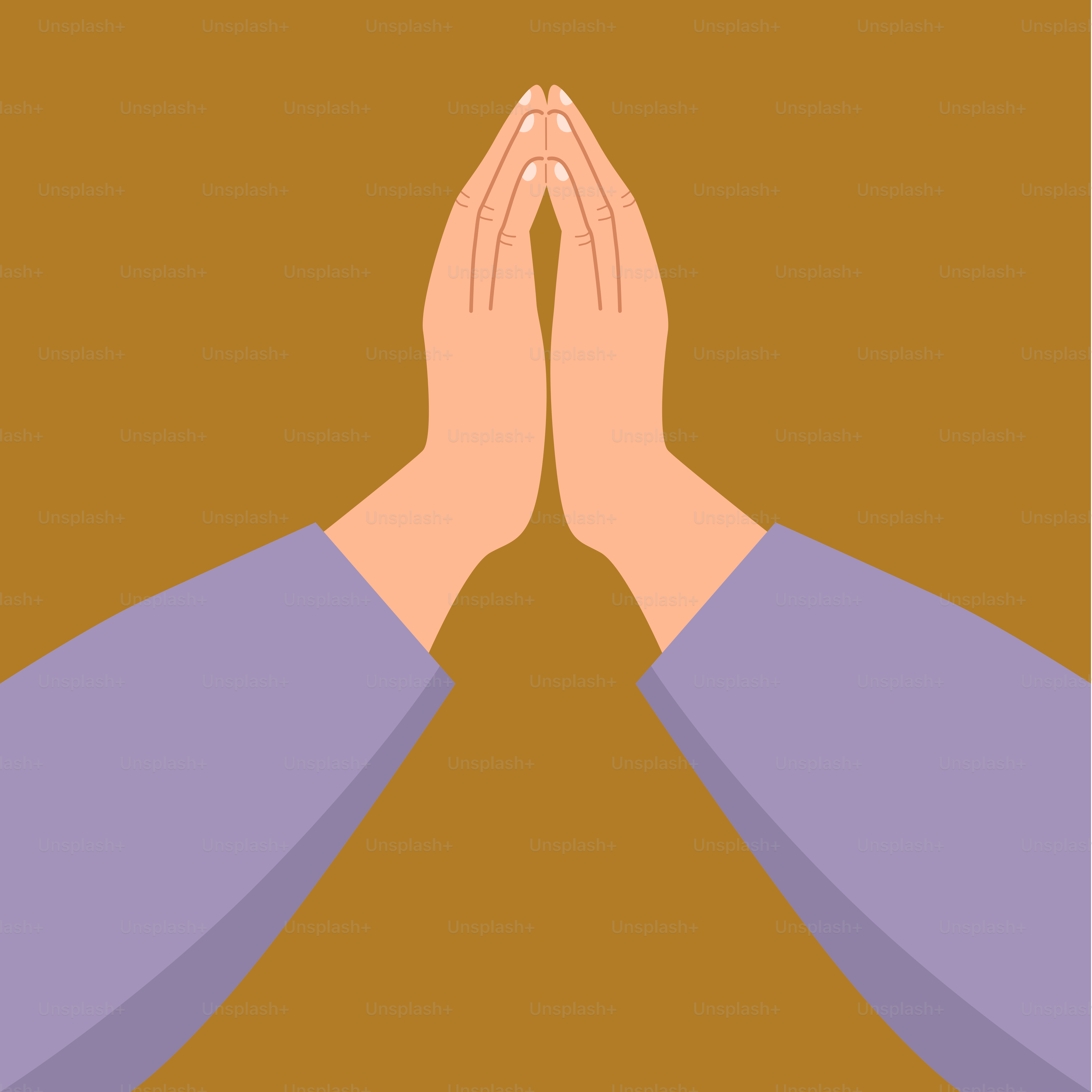 As mãos são mantidas juntas em uma pose de oração.