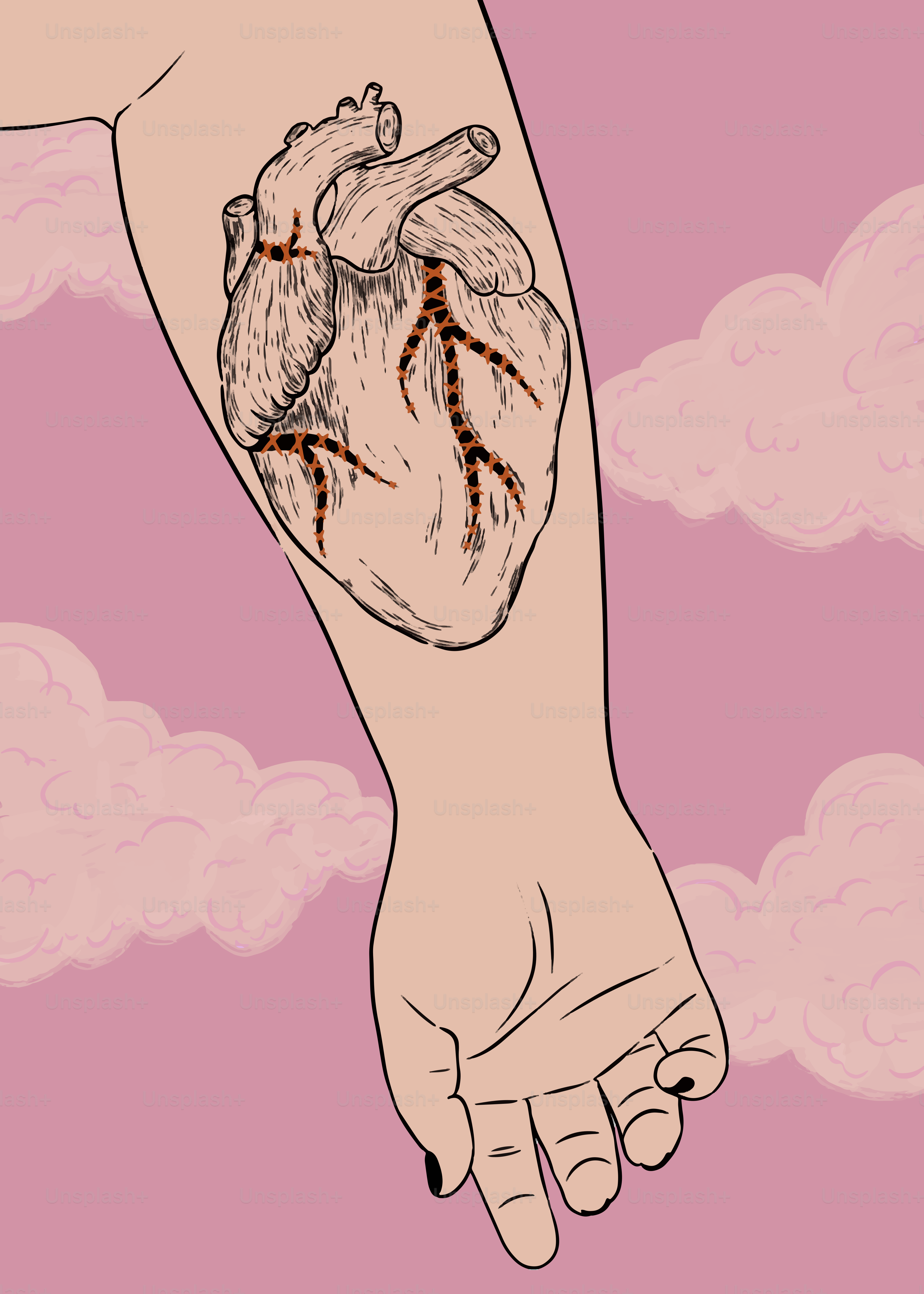 A heart tattooed on an arm.