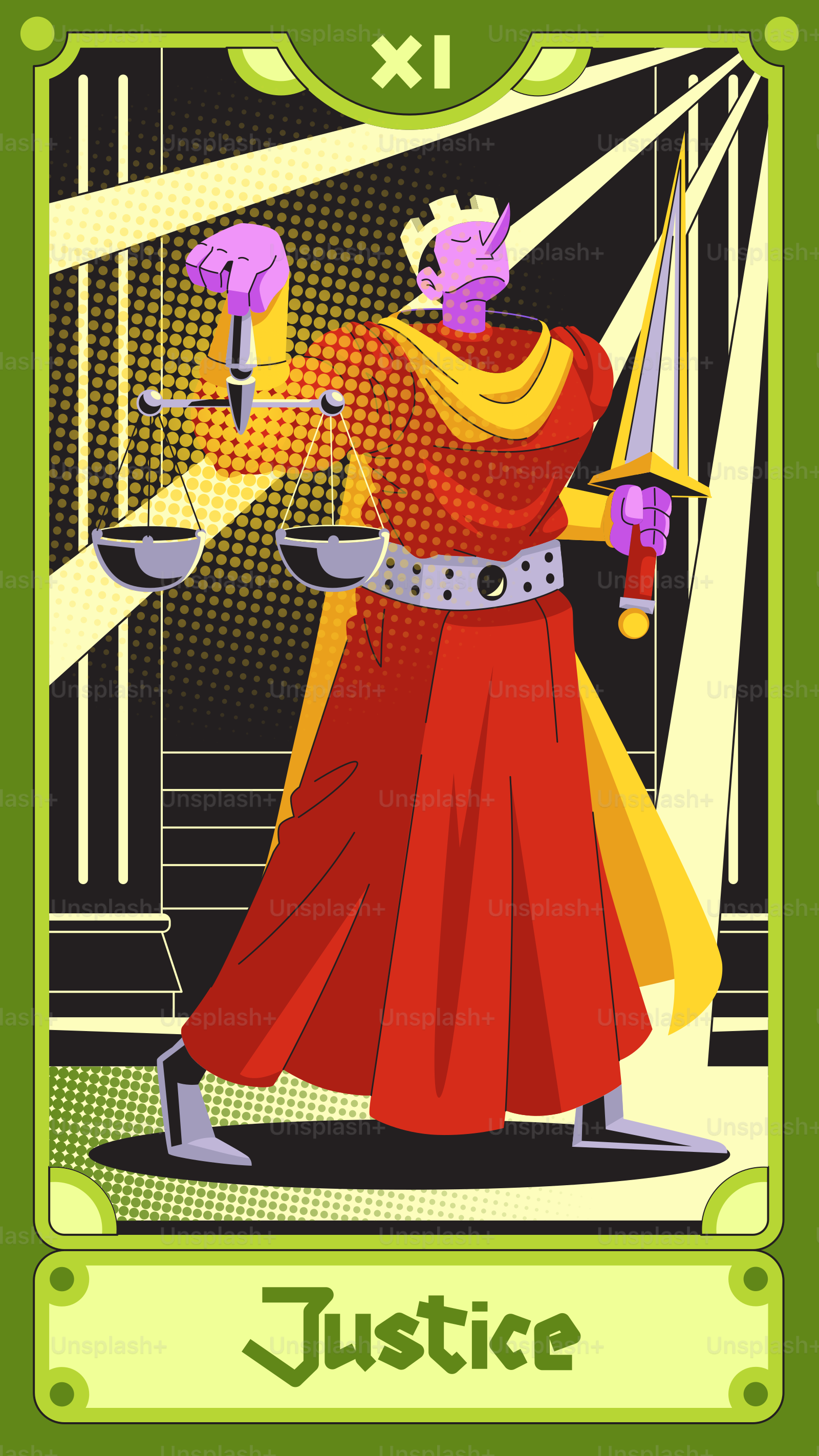 Gerechtigkeit, dargestellt in einer Tarotkarte, mit einer Waage und einem Schwert.