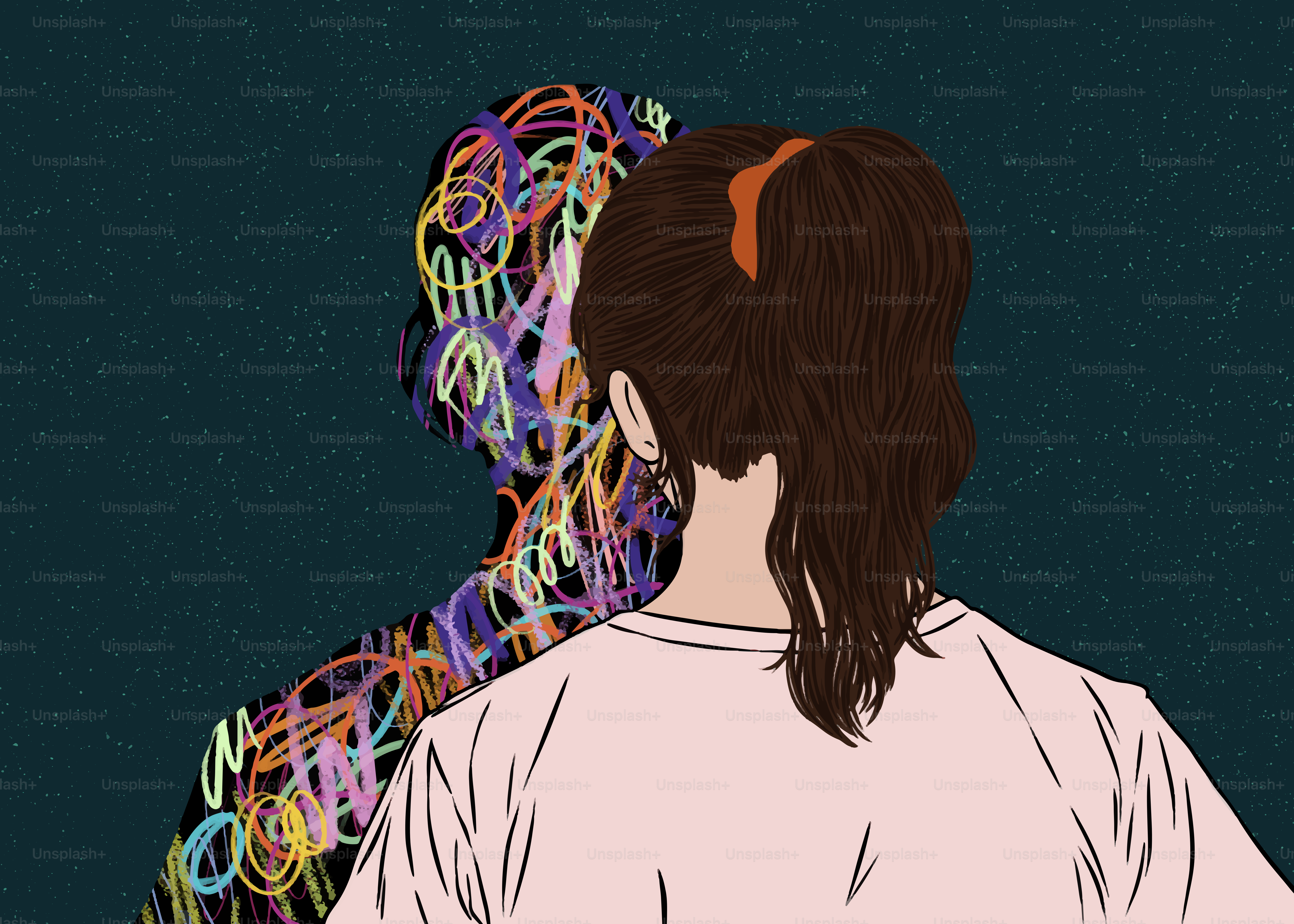 Una donna affronta i suoi colorati pensieri interiori.