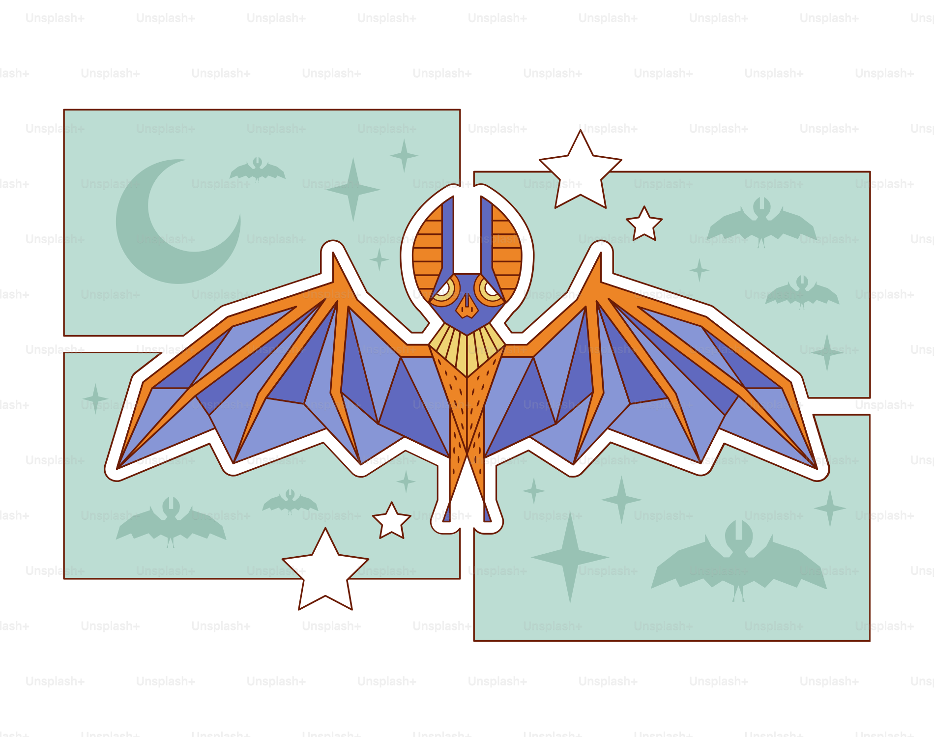 A decorative bat flies under the night sky.
