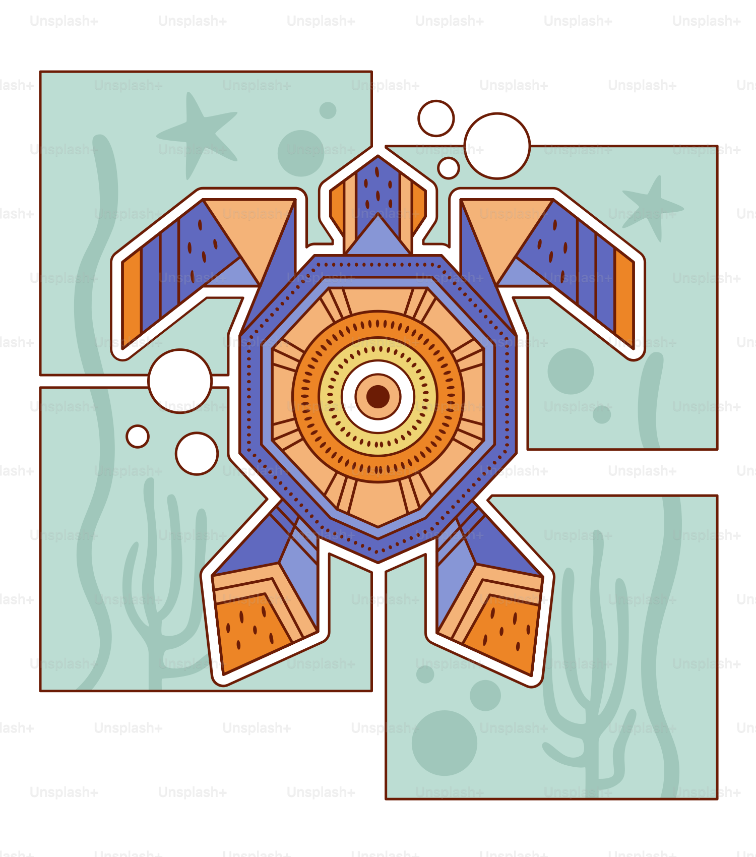 Here's a caption for the image: an artistic turtle swims in the sea.