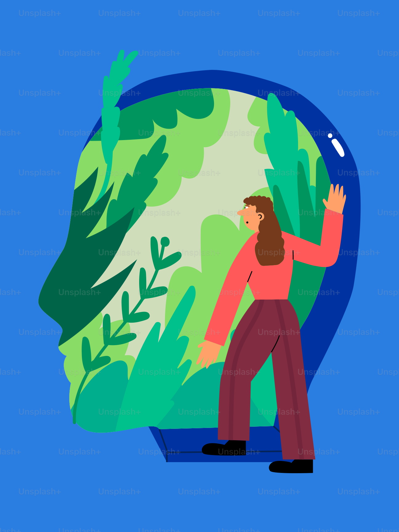 Exploring the mind with greenery and woman.