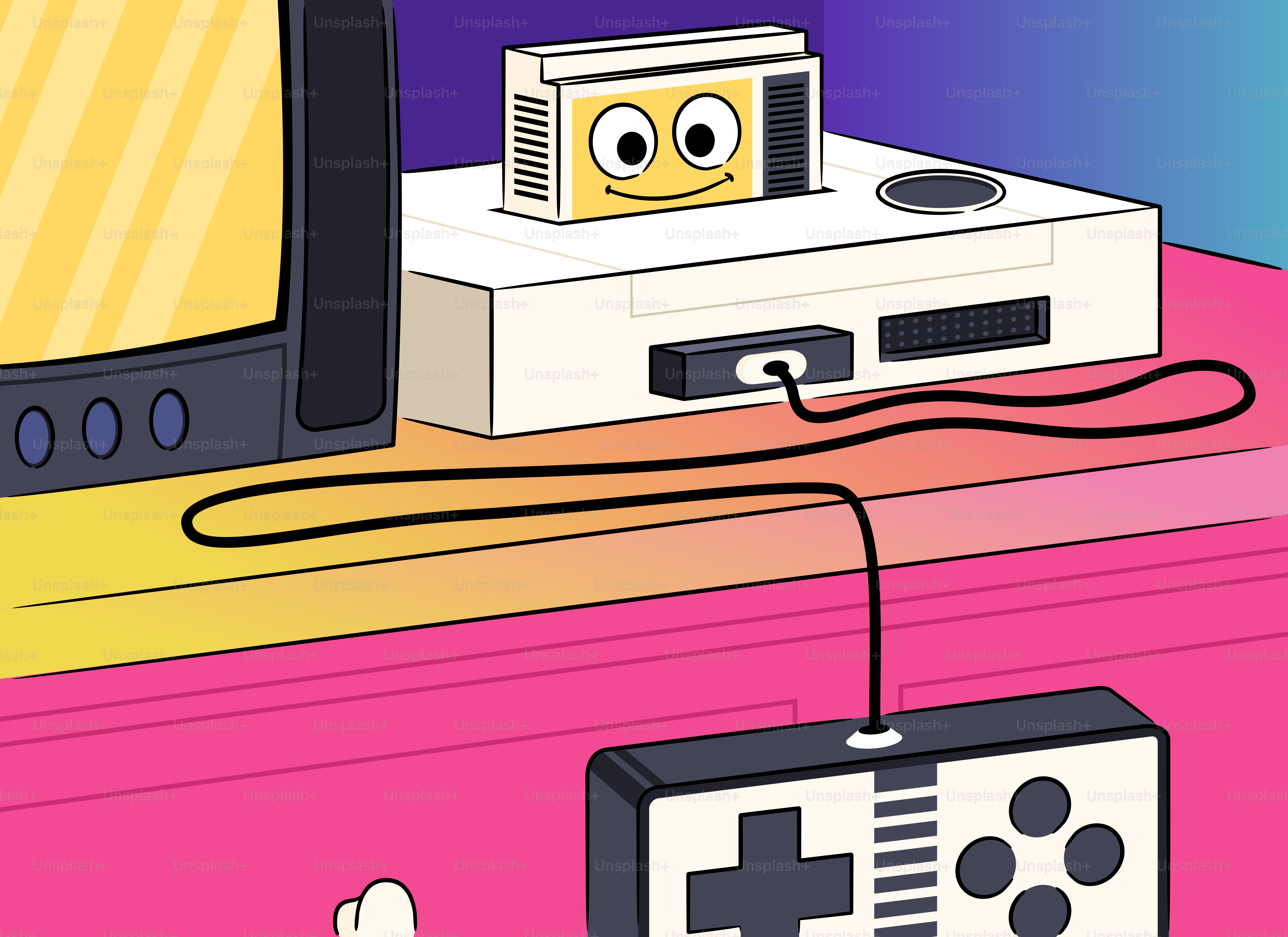 Un cartone animato mostra una console per videogiochi retrò.