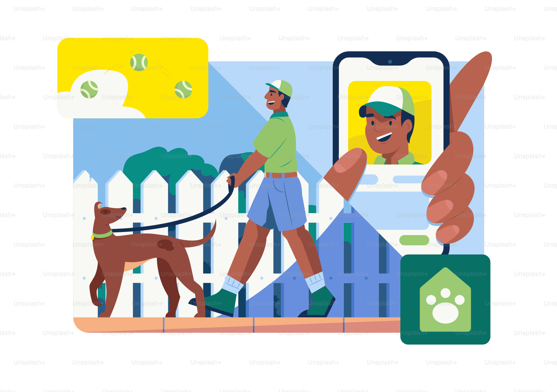 Un uomo porta a spasso il suo cane, mostrato su un'app.