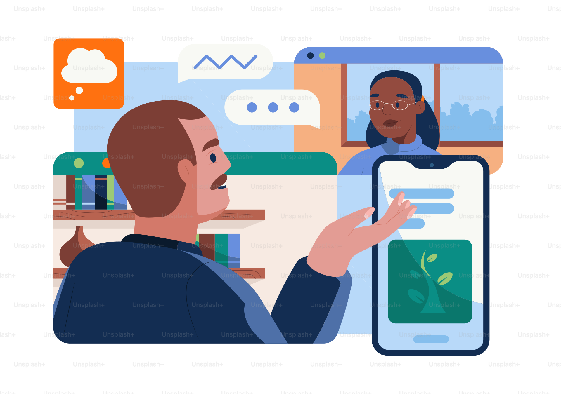 Un uomo fa una videochiamata con una donna.