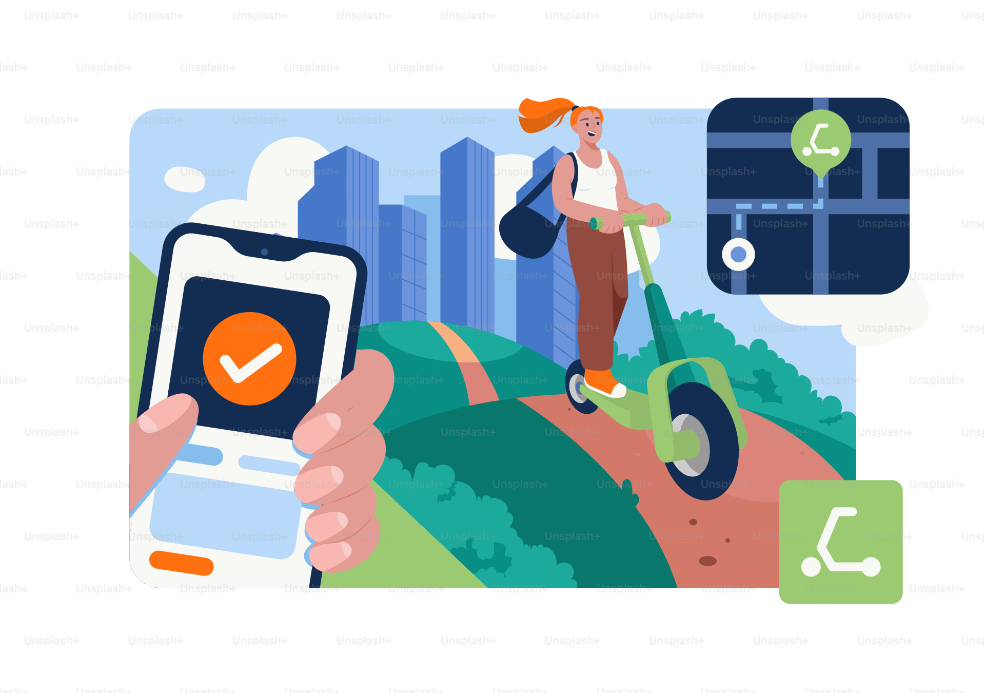 Una donna guida uno scooter utilizzando un'app mobile.