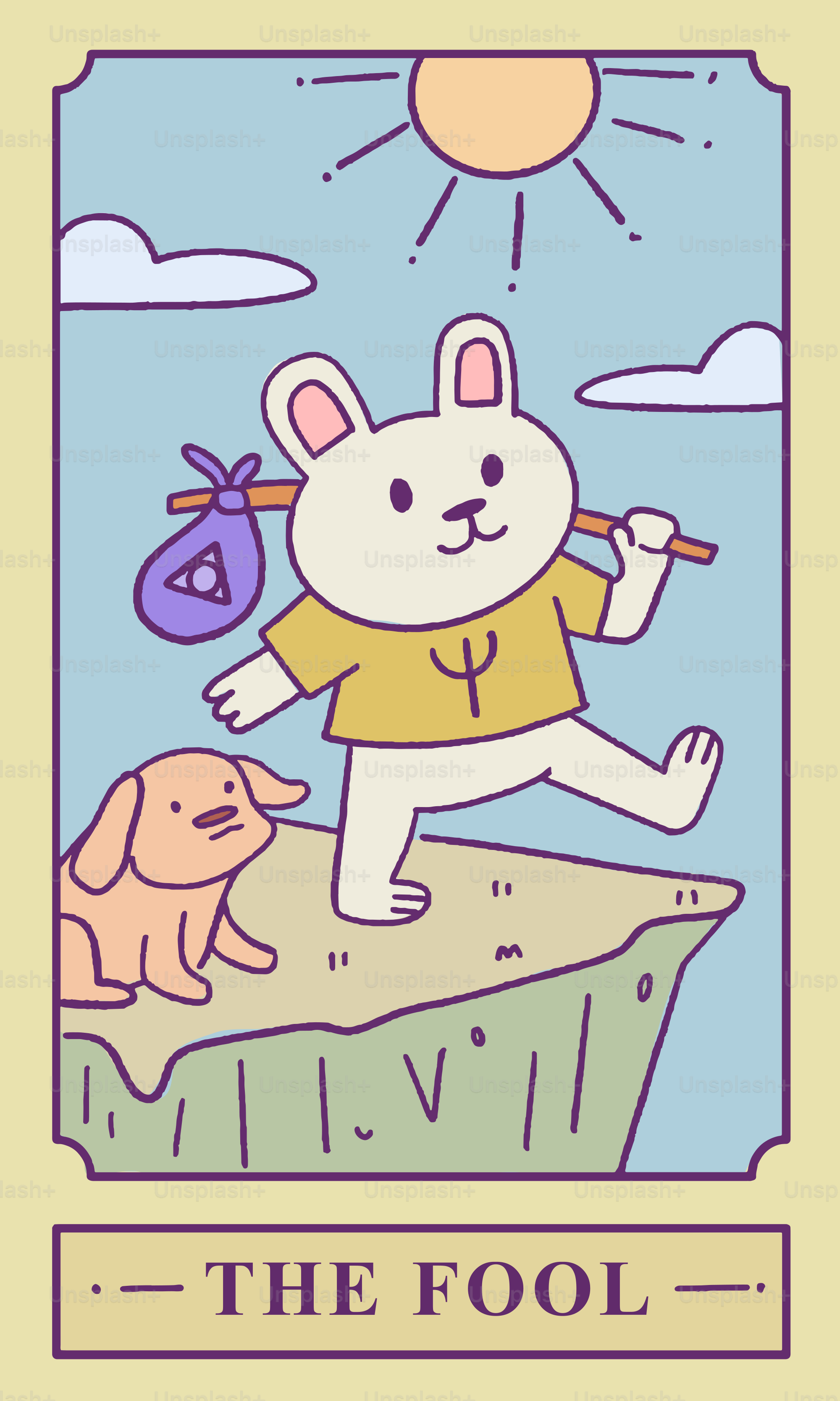 The fool tarot card features a bunny traveler.