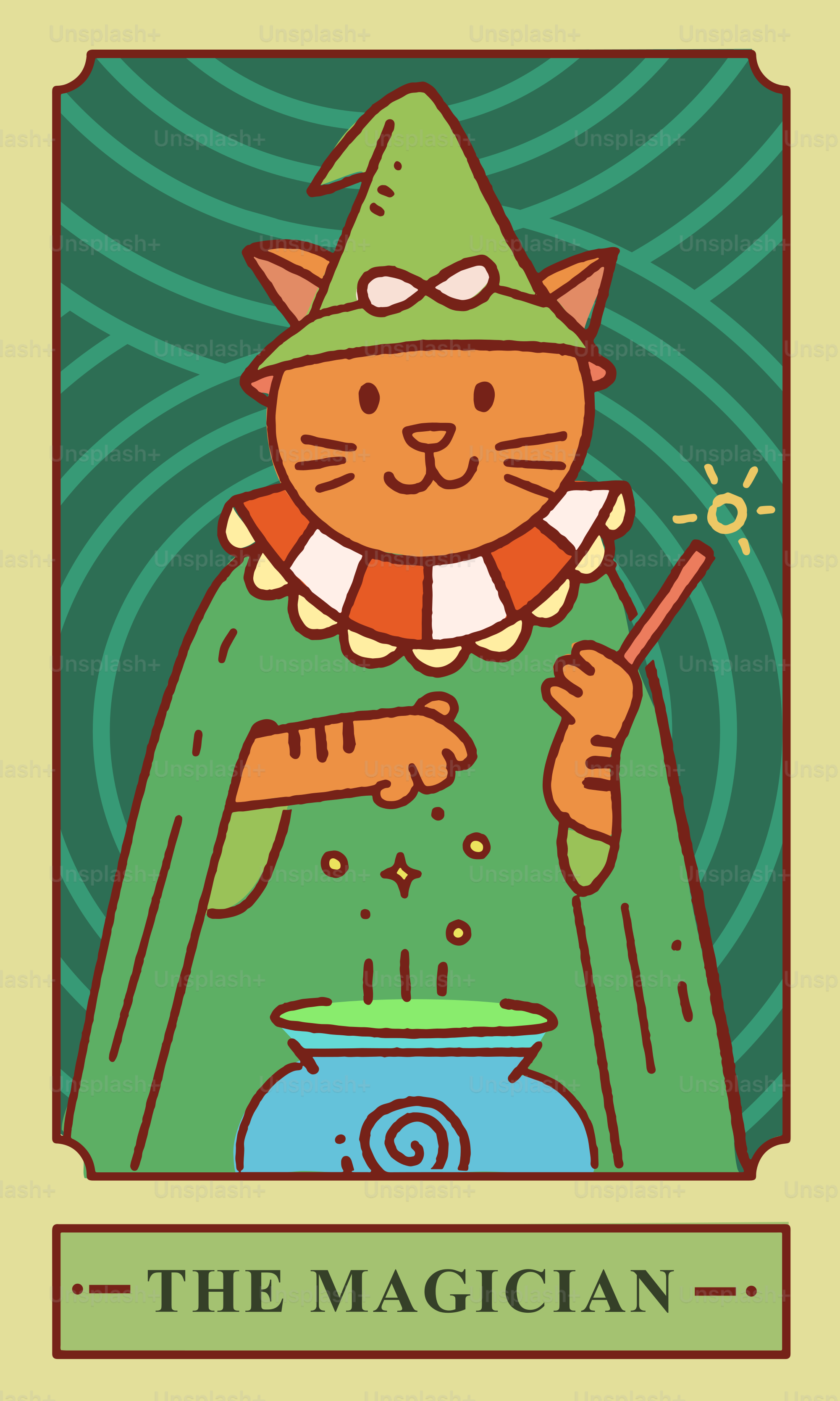 A cat magician performs magic over a potion.