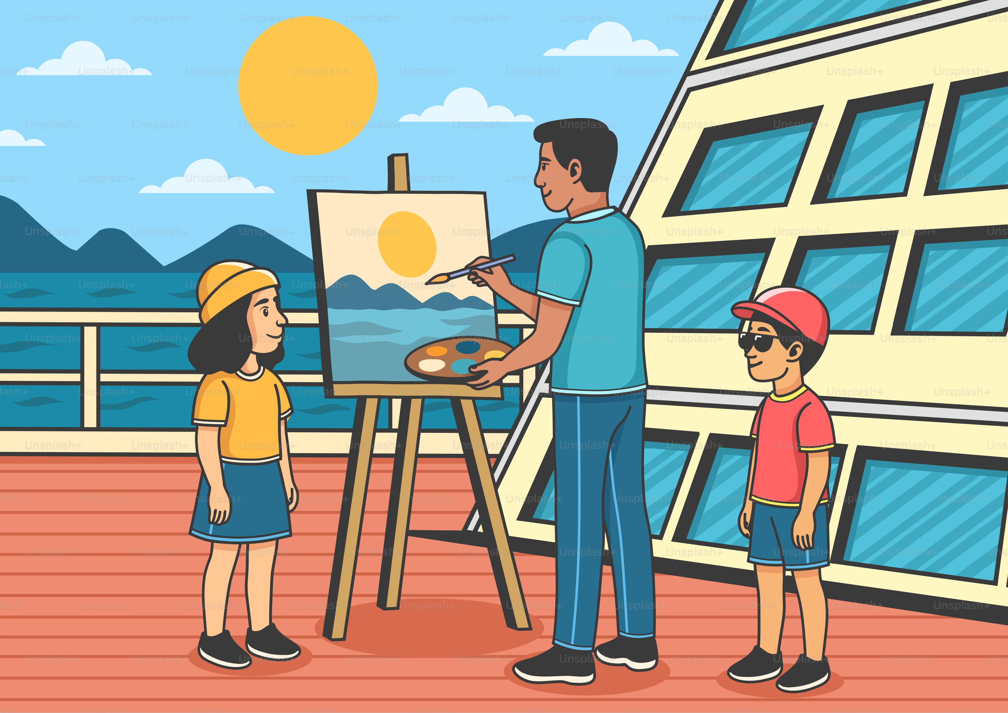 A man paints a scene with two children watching.
