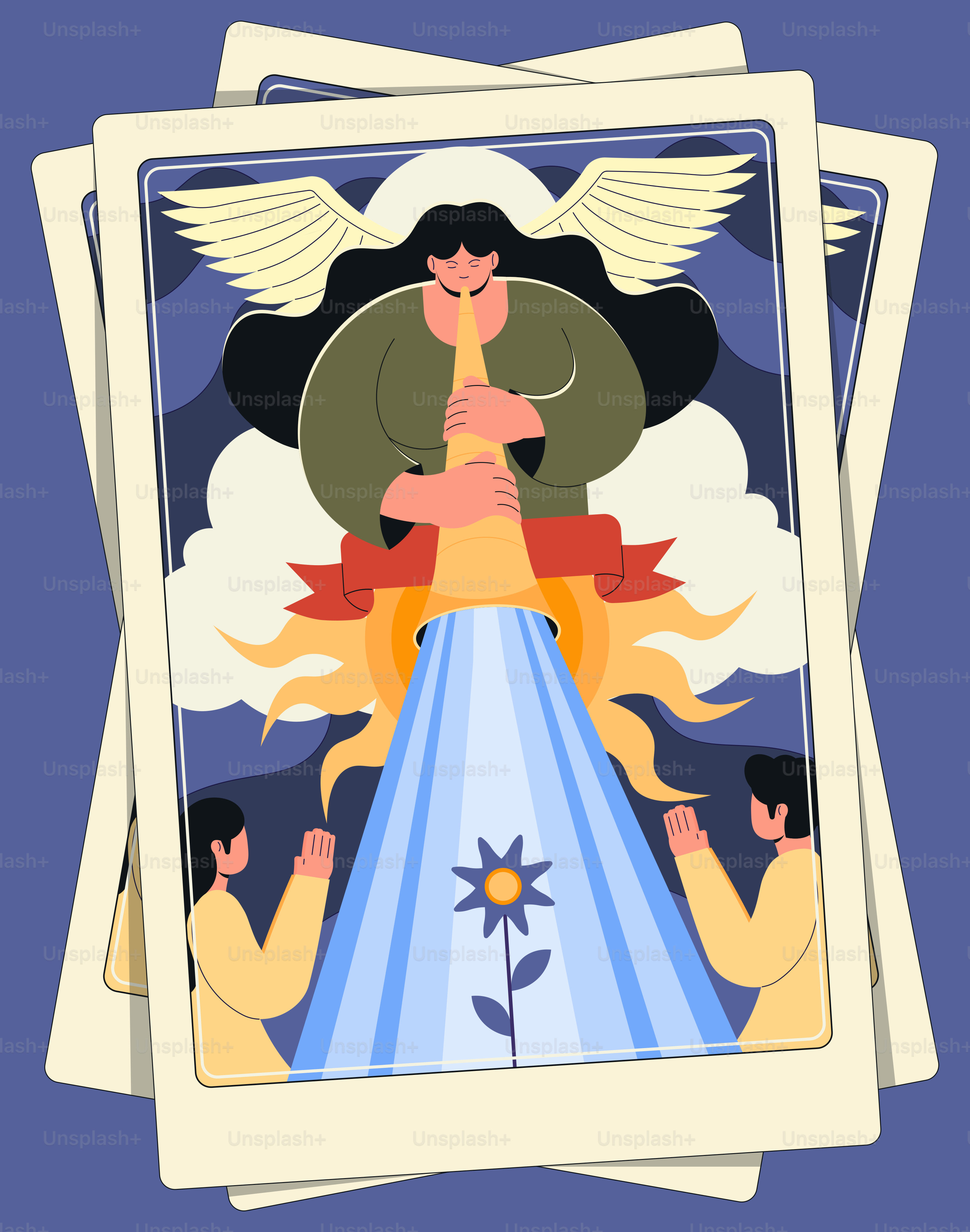 Tarot card illustration showing an angel and people.