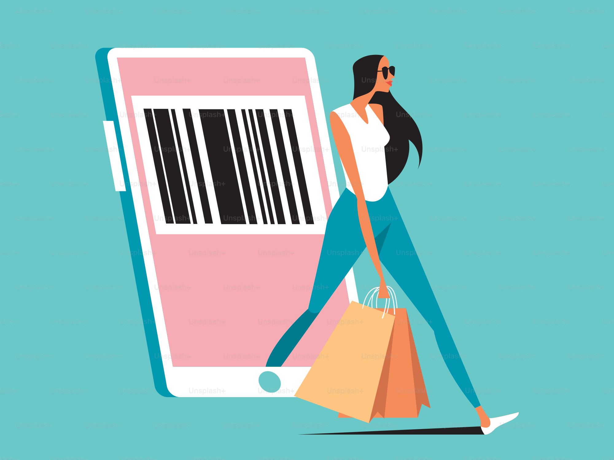 Woman shopping online with barcode on a phone.