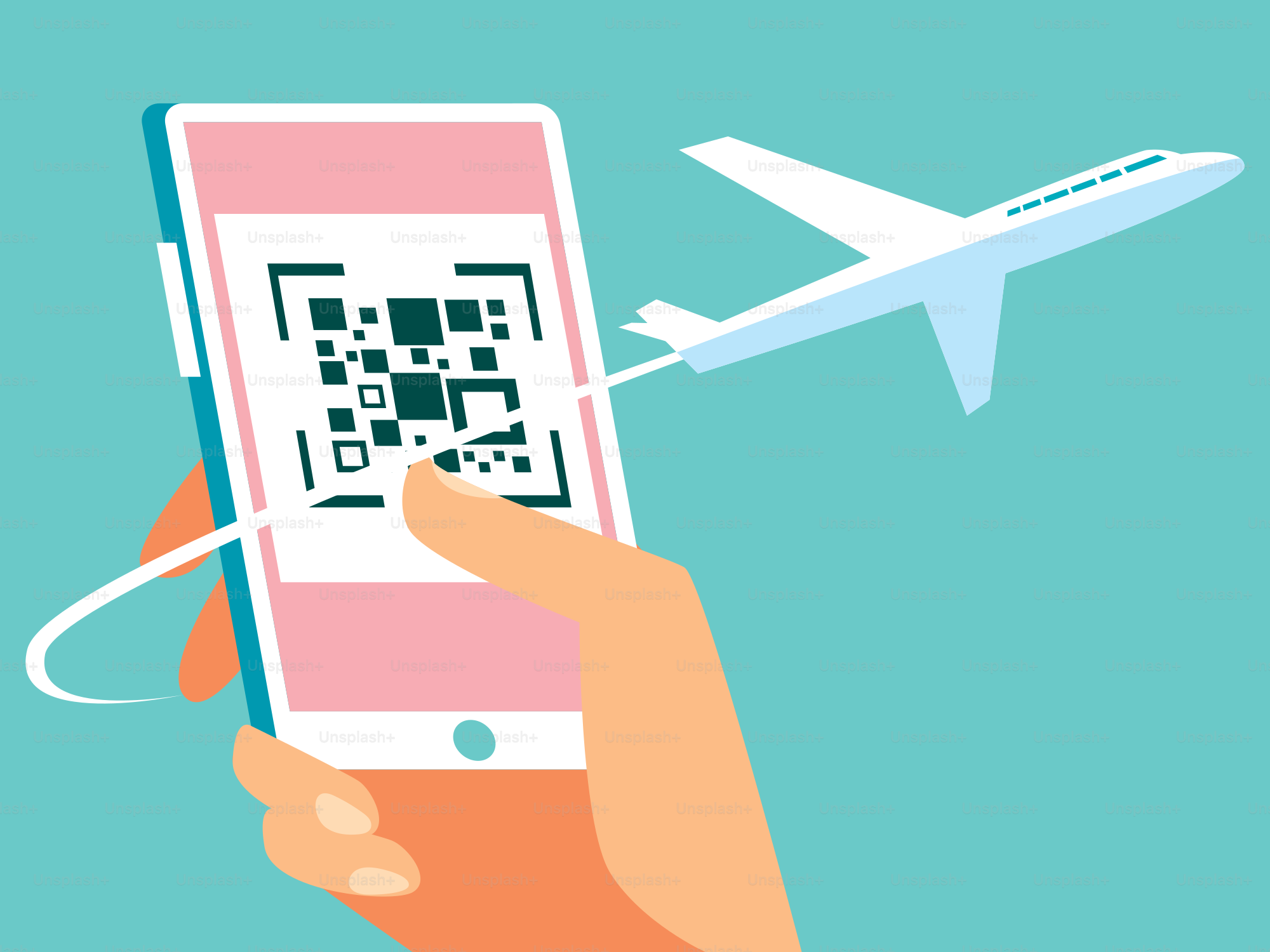 A mobile phone with boarding pass and airplane.