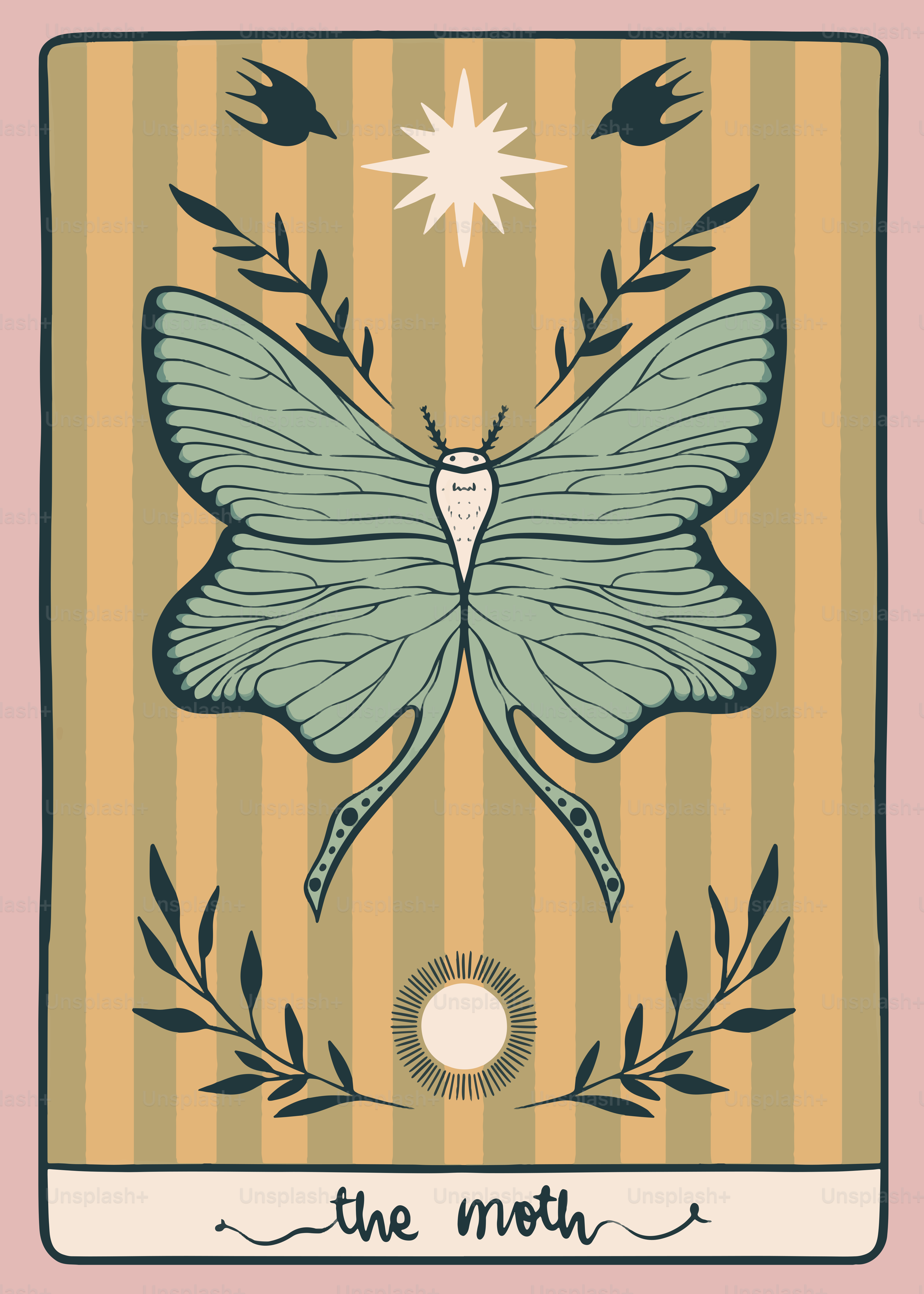 Uma mariposa verde é representada em uma carta de tarô.