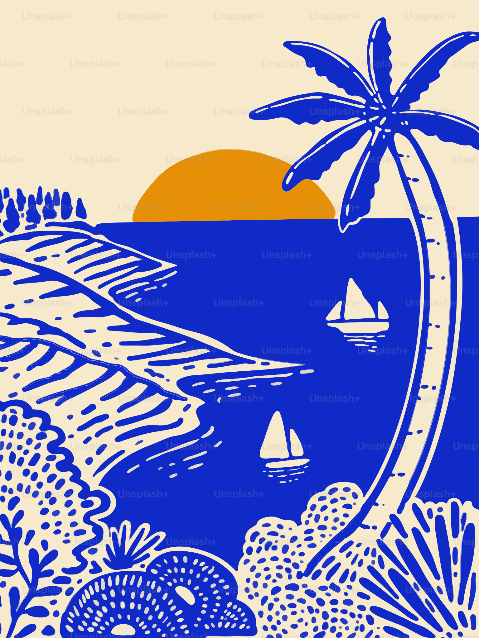 A sunset at the beach with sailboats.