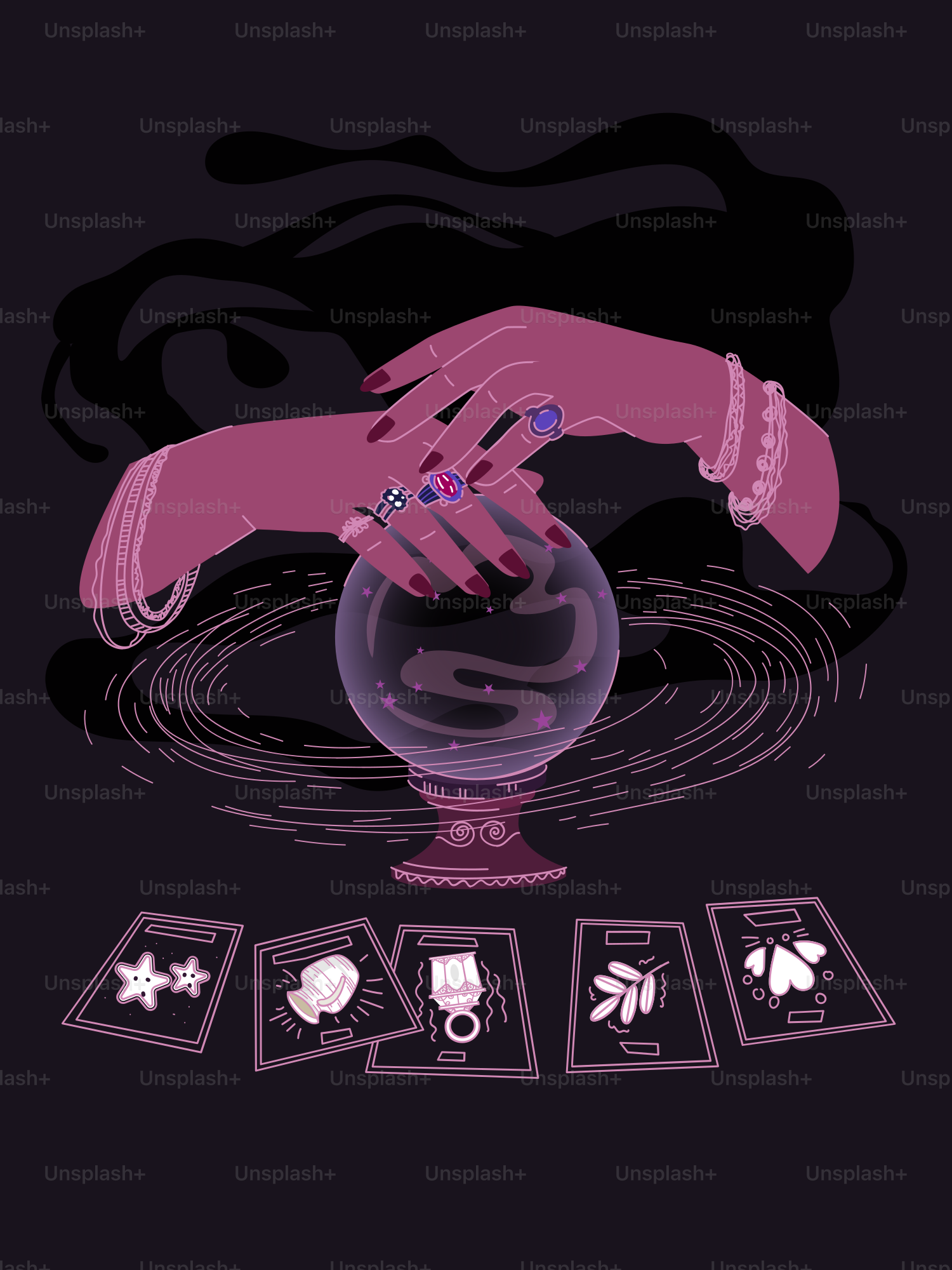 Un adivino usa una bola de cristal y cartas del tarot.