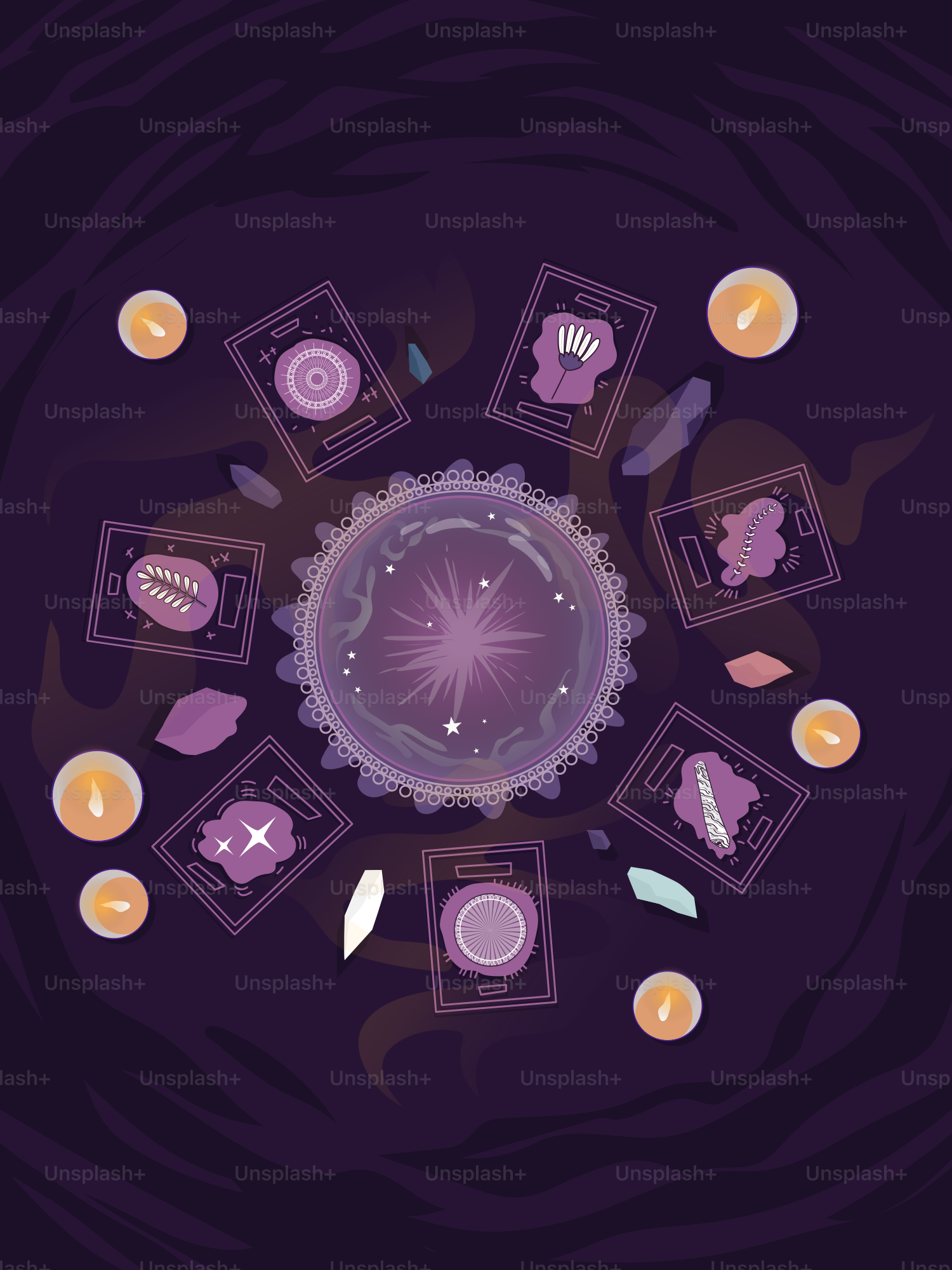 Una bola de cristal y las cartas del tarot están preparadas para una lectura.