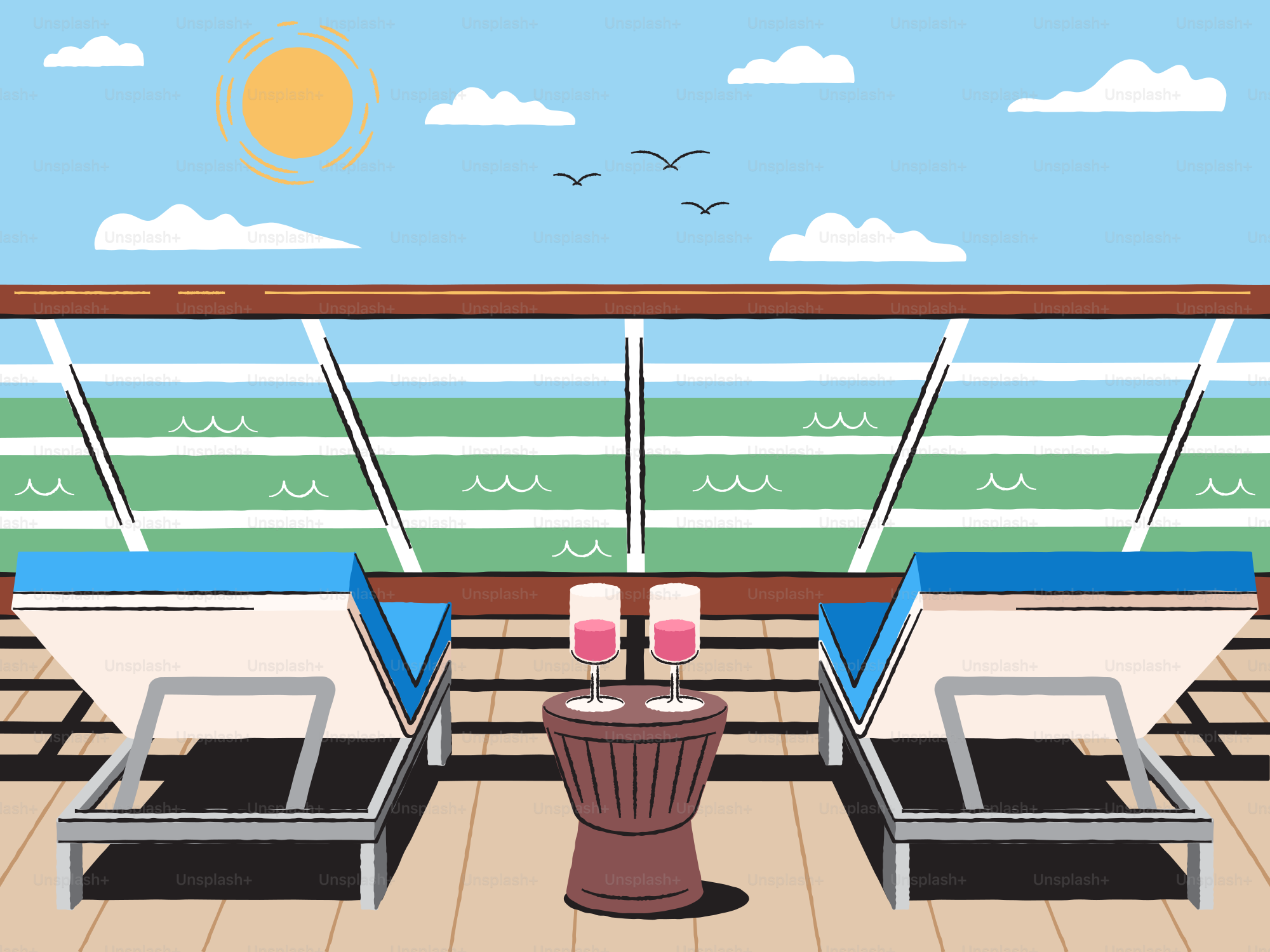 Relaxing chairs and drinks on a sunny deck.