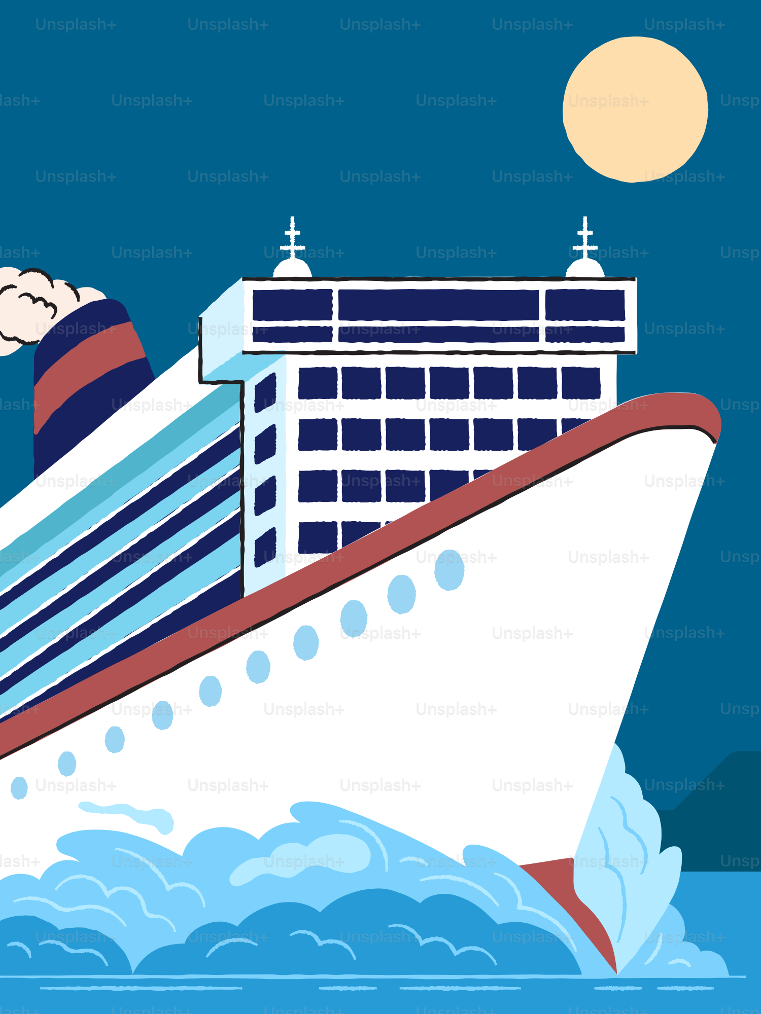 A cruise ship sails on the ocean at night.