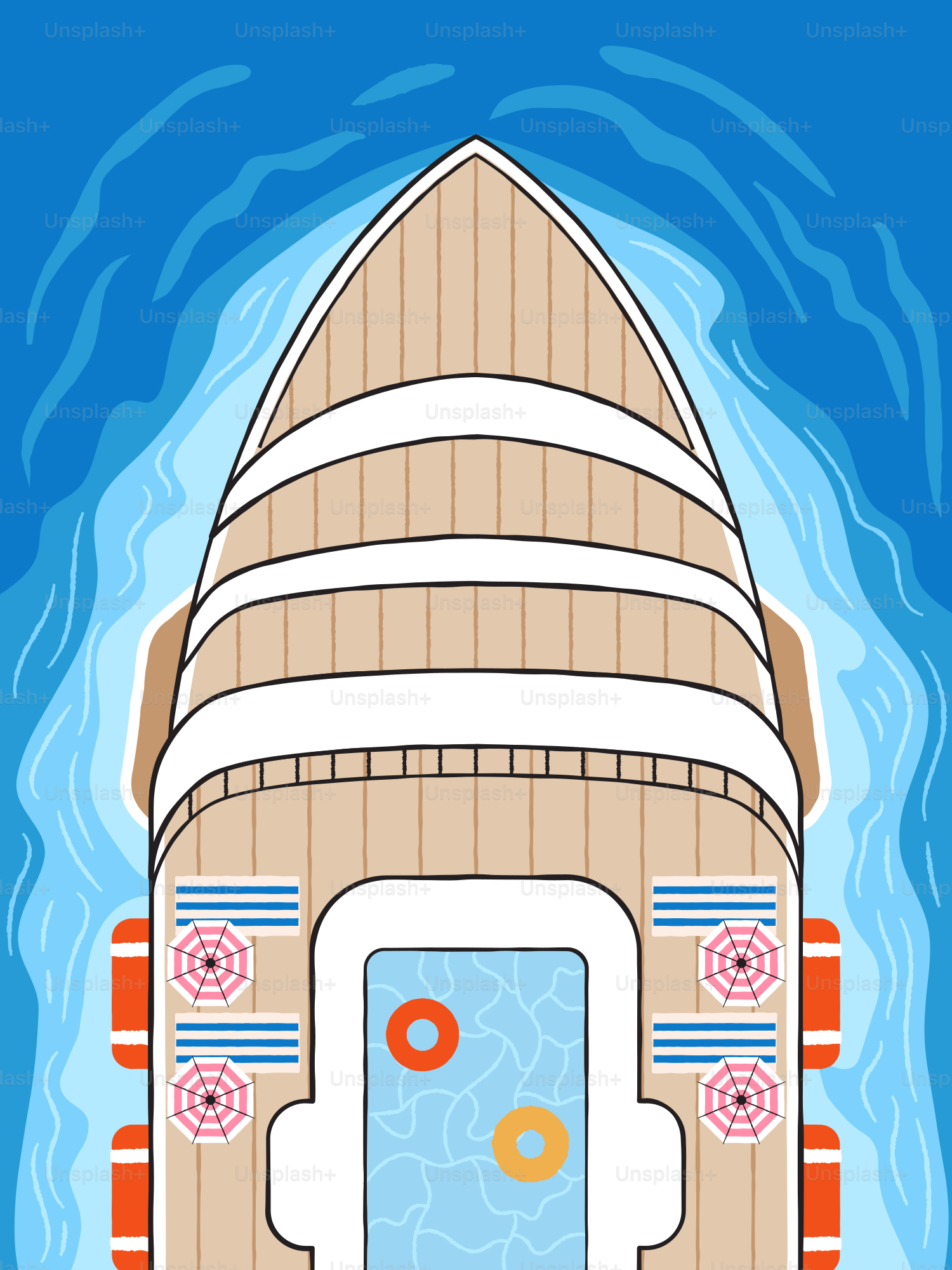 A cruise ship is sailing on blue water.