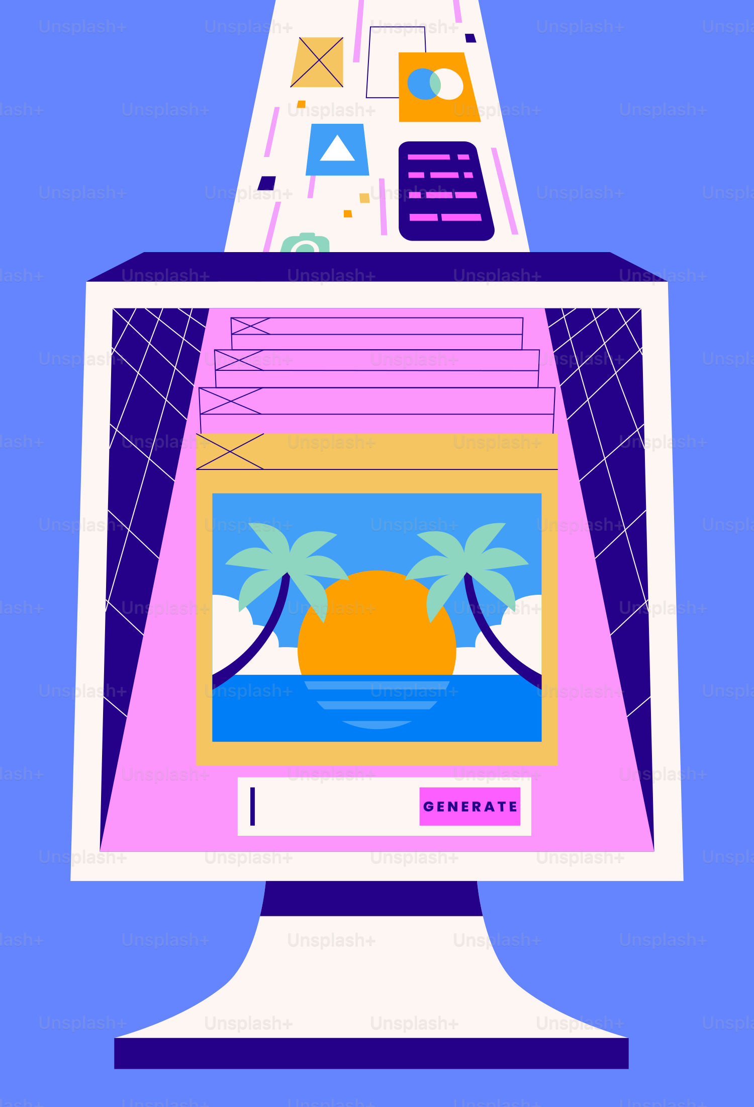 Computer generates a tropical sunset scene.