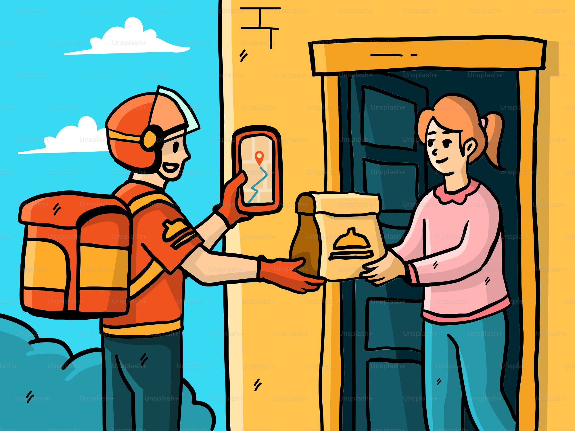 Food delivery driver delivers meal to a customer.