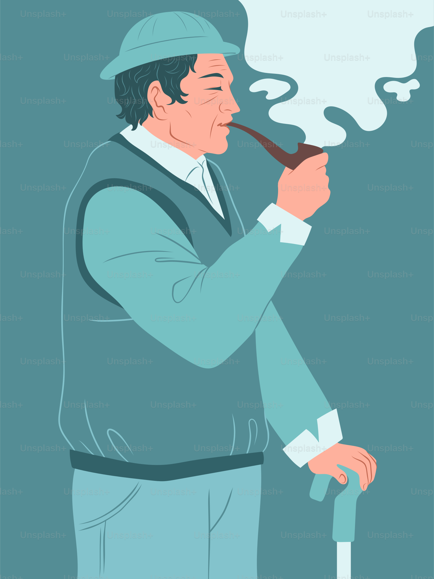 An older man is smoking a pipe.