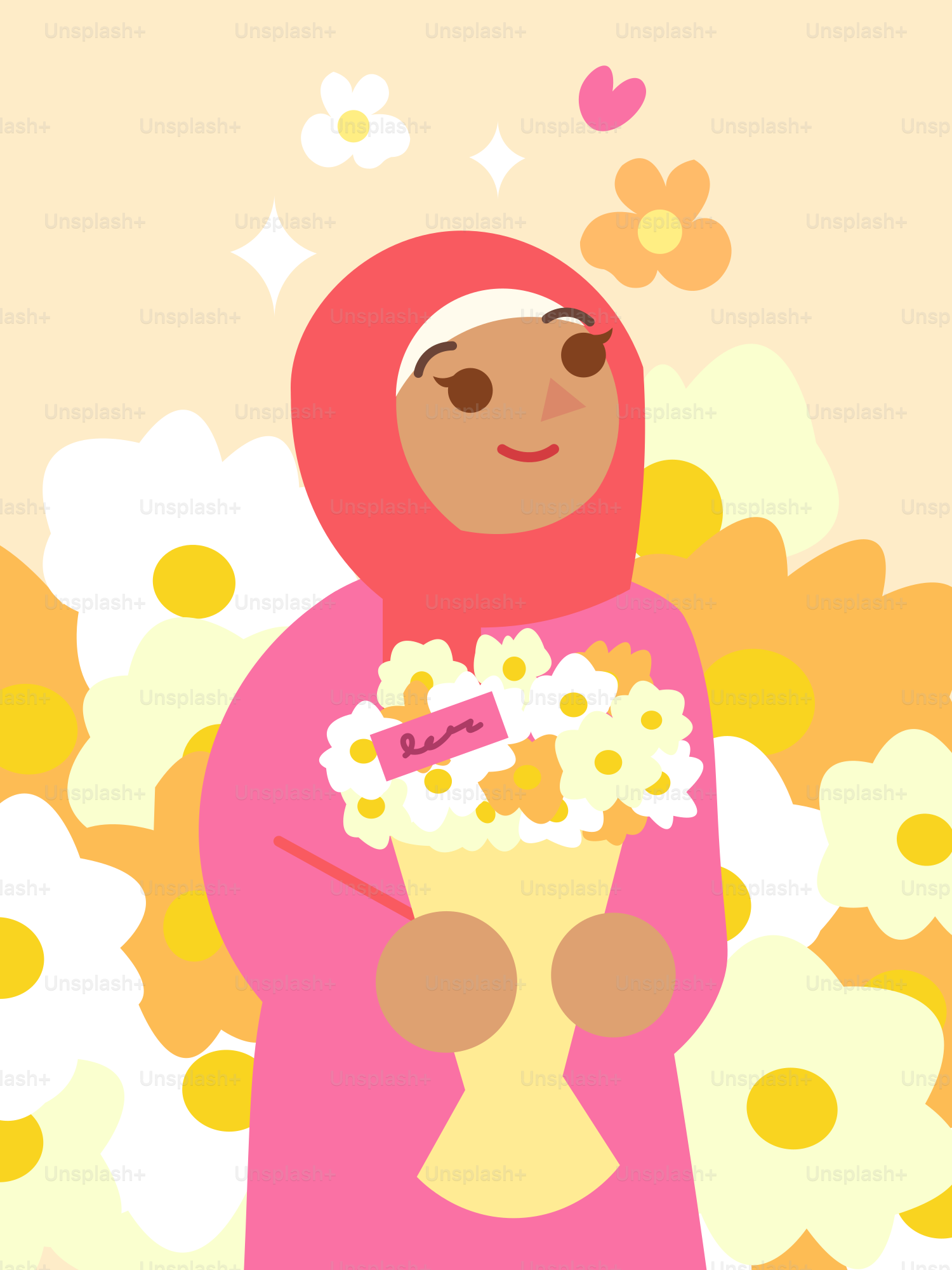 A woman in hijab holds a bouquet of flowers.