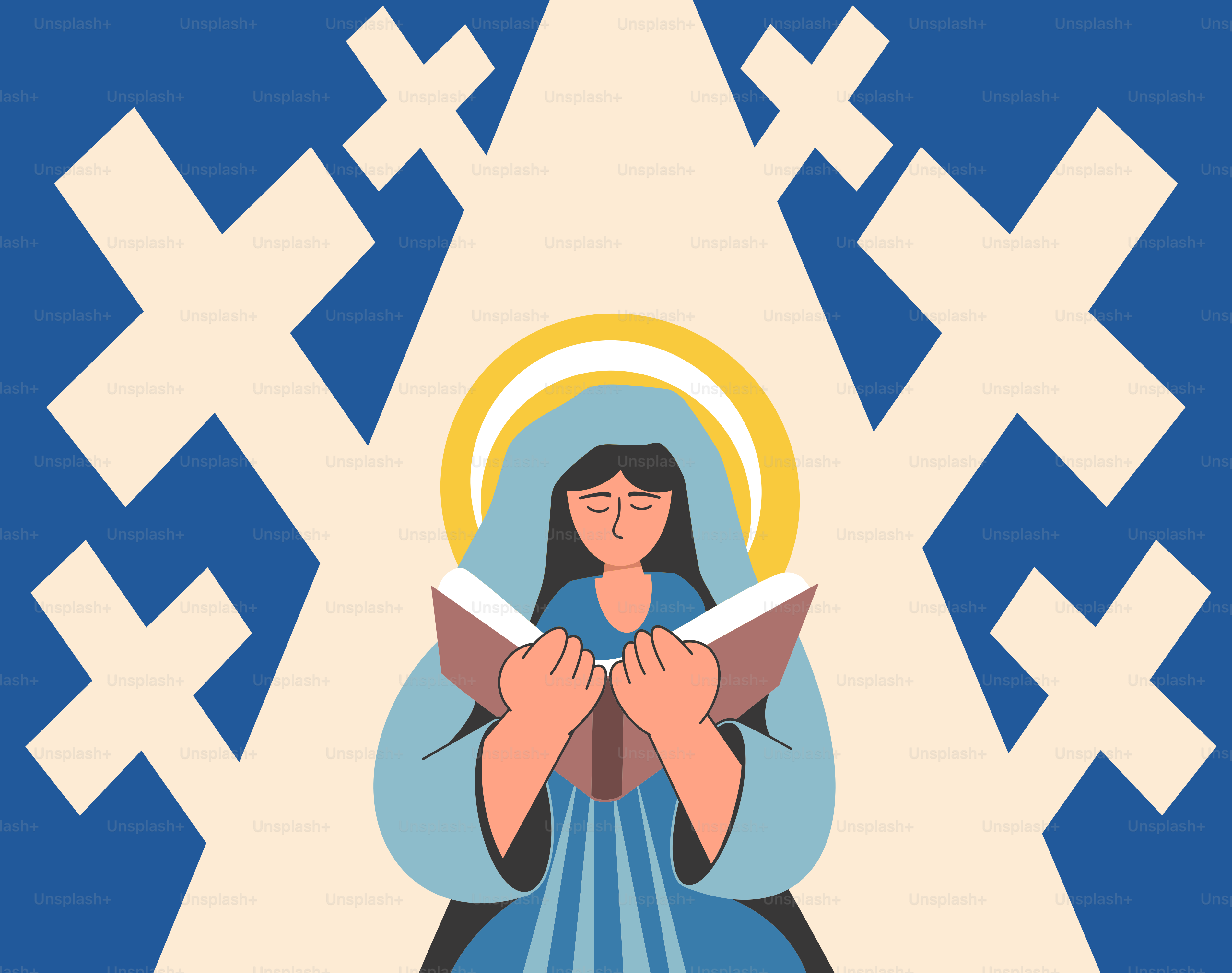 A religious figure reads a book surrounded by crosses.