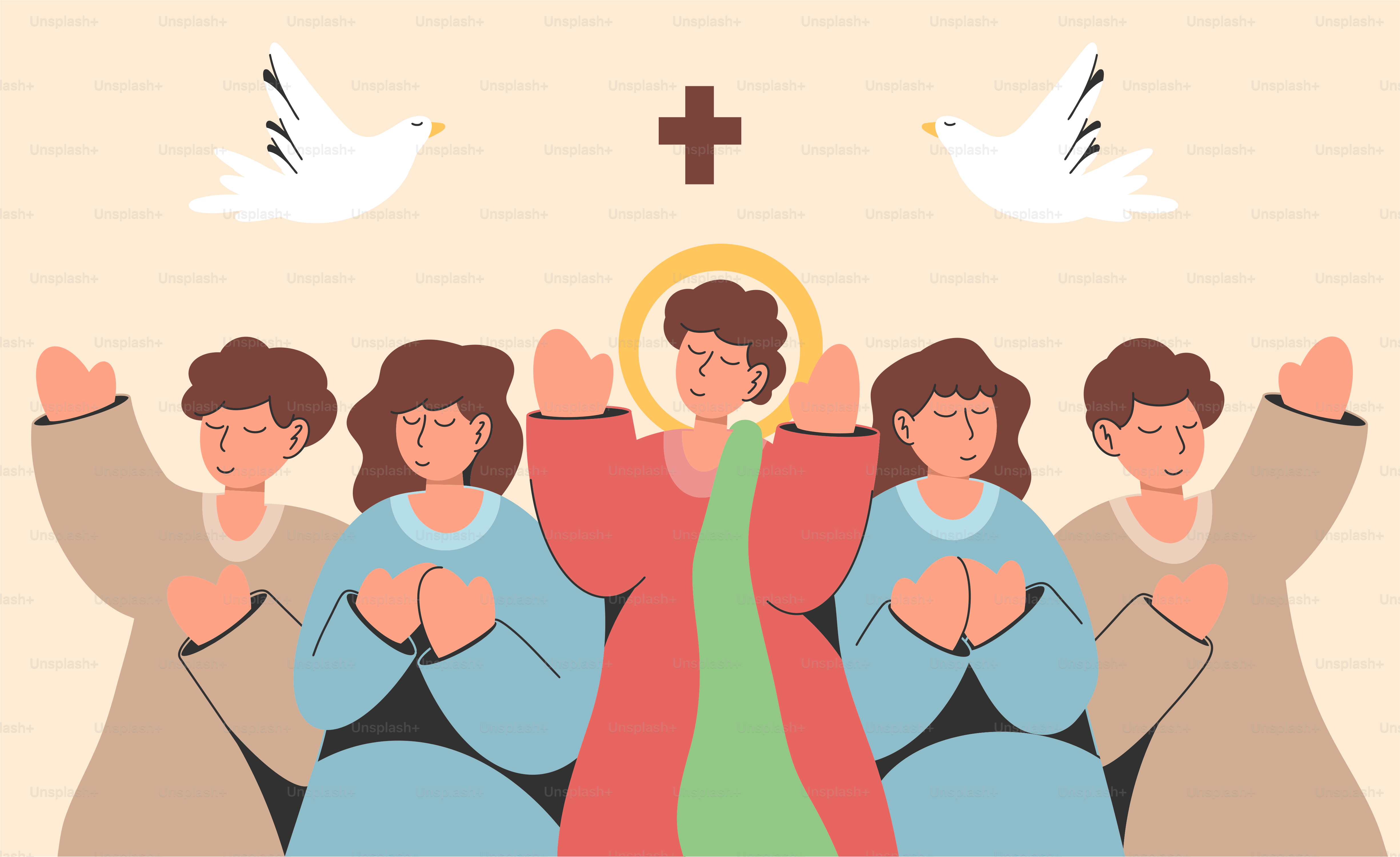 People are praying with doves and a cross.