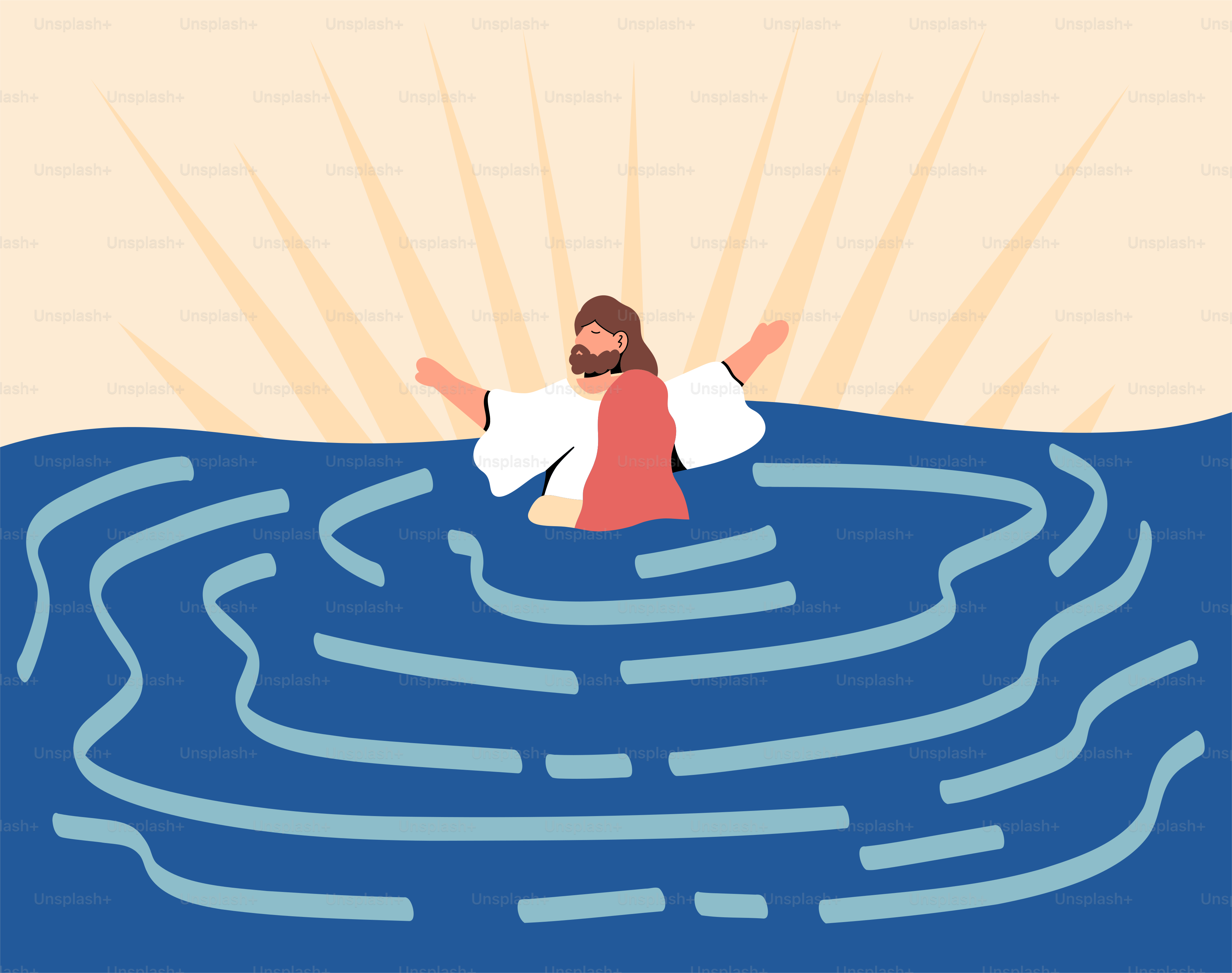 Jesus is being baptized in water.