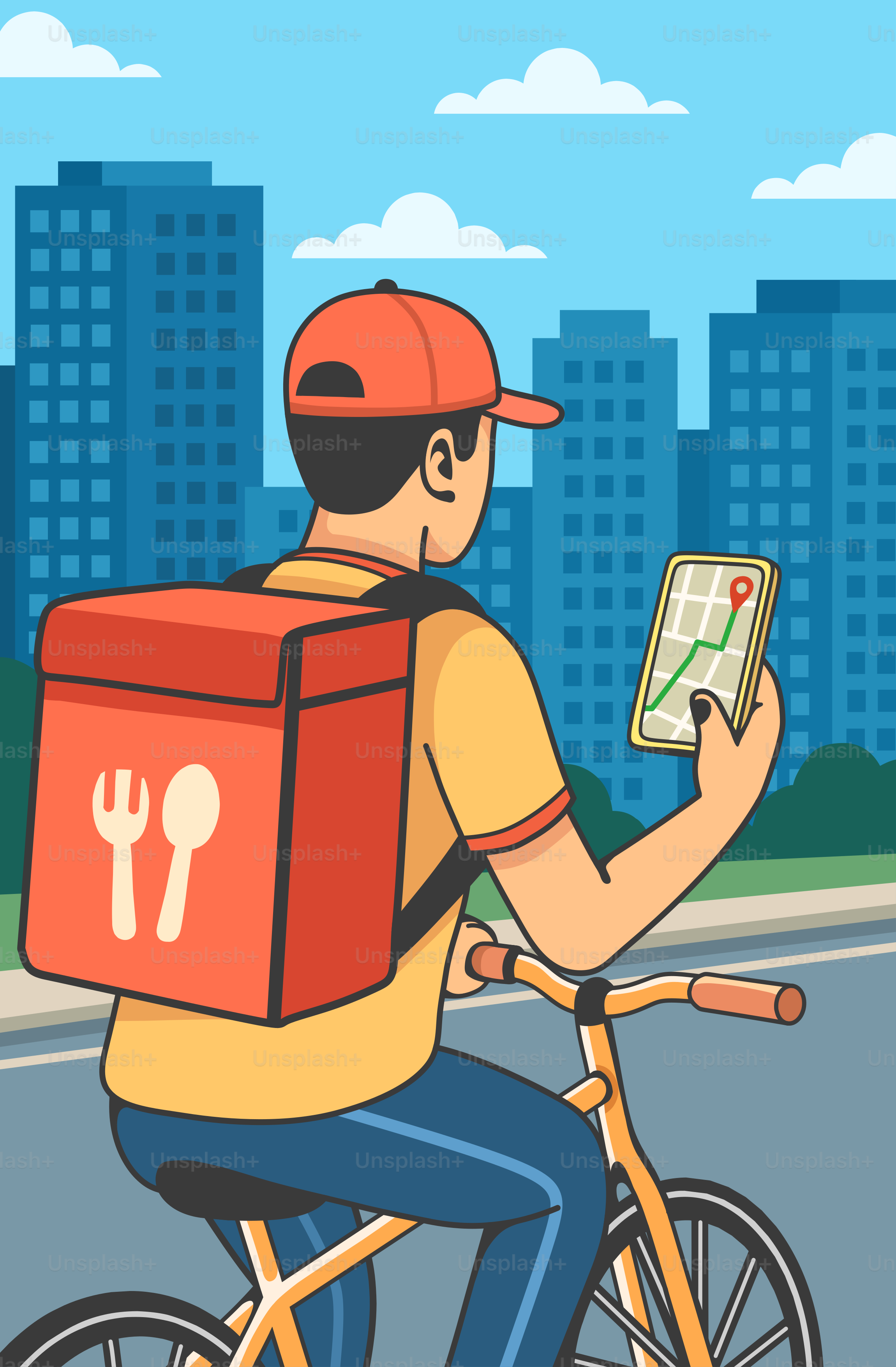 Delivery cyclist uses a map on his phone.