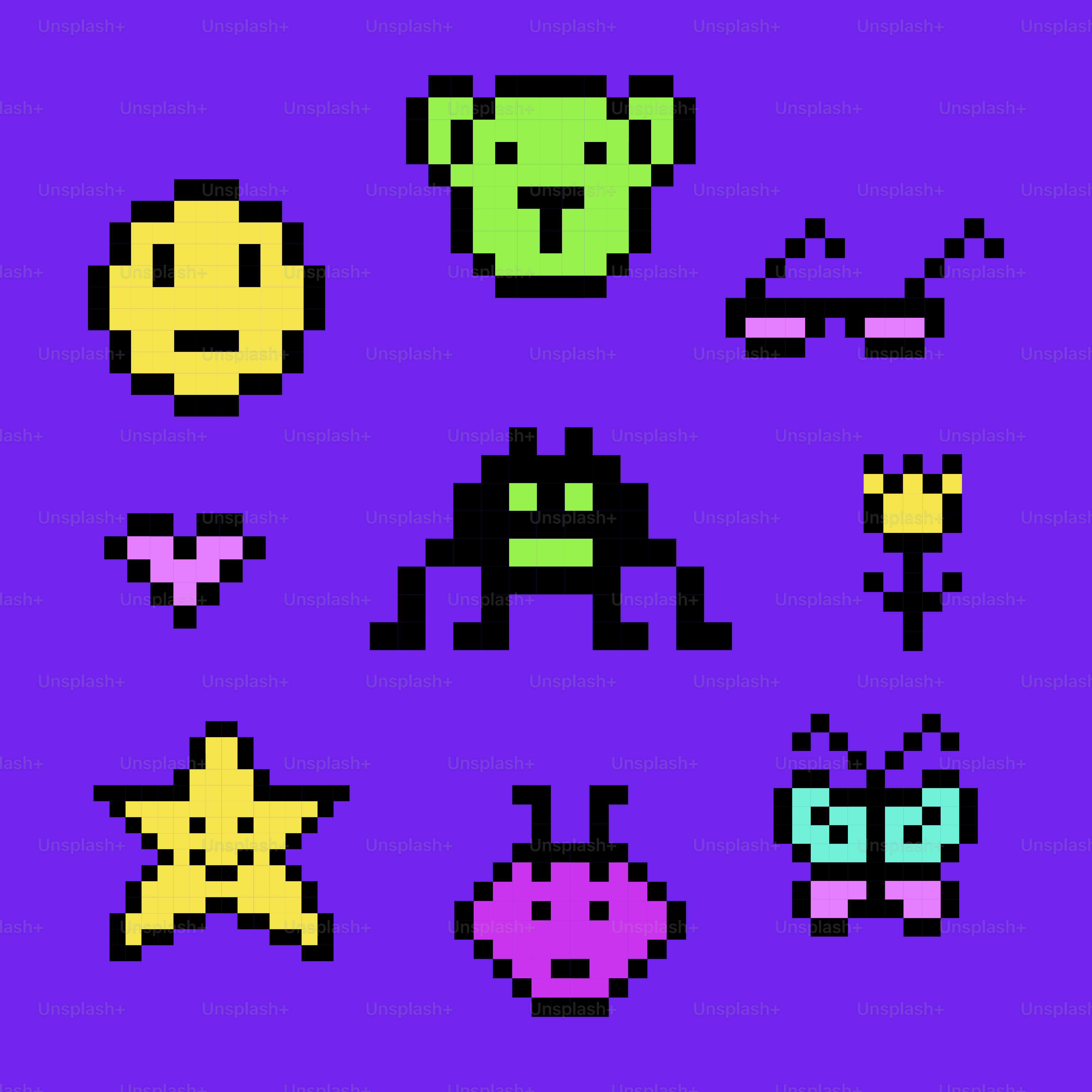 Pixelated shapes and symbols on a purple background.