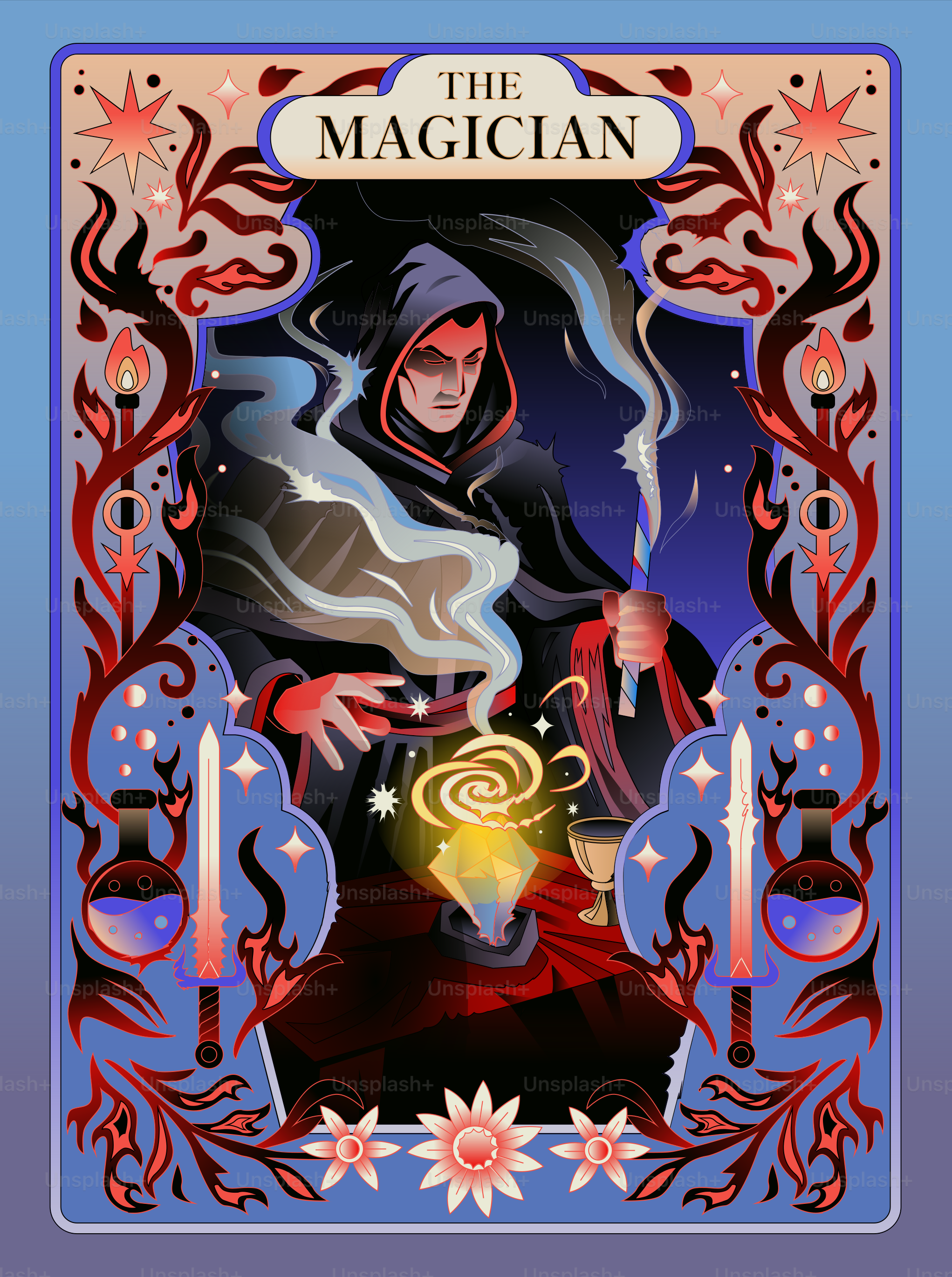 La carta del tarot del mago muestra una figura encapuchada.