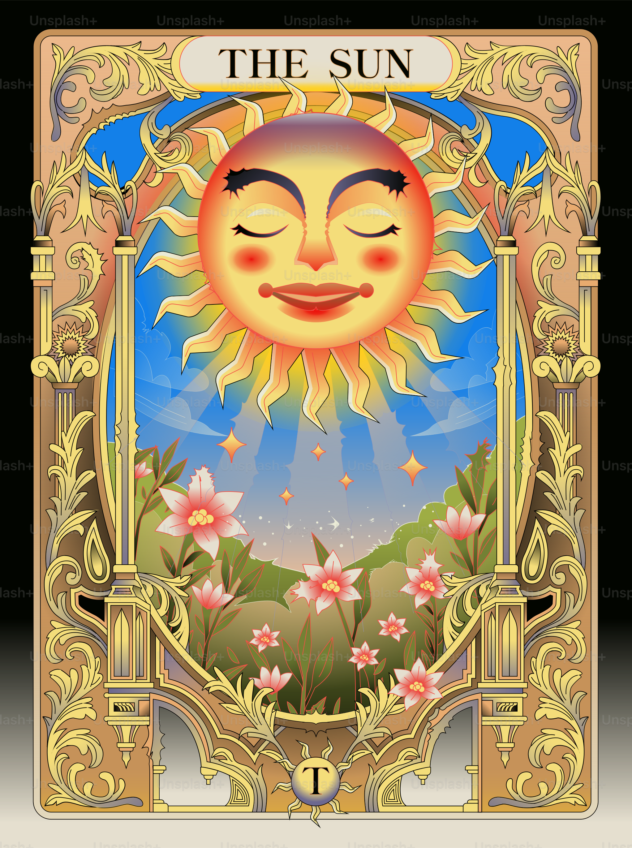 La carta del tarot del sol representa un sol radiante.