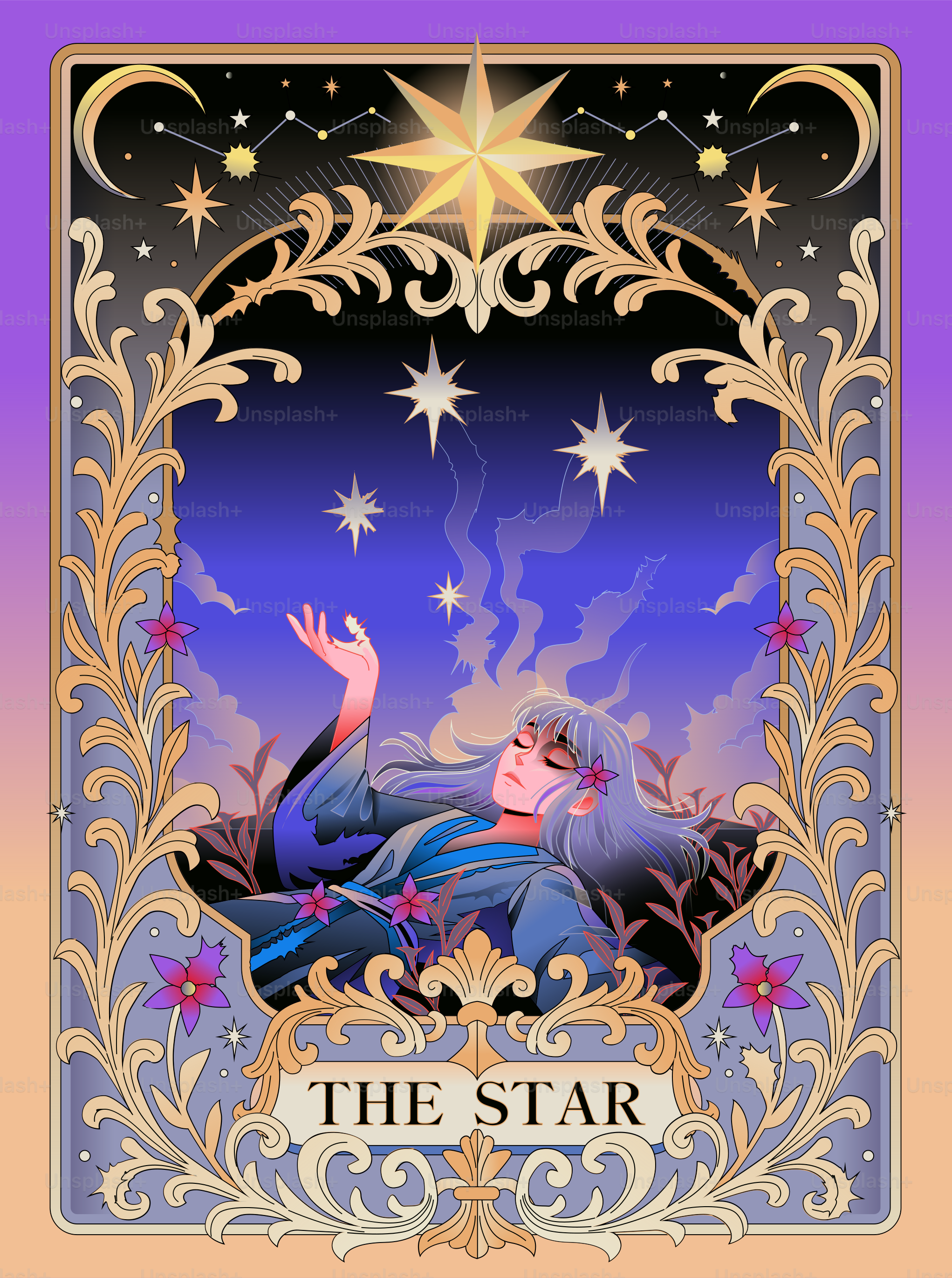 The star tarot card features a celestial scene.