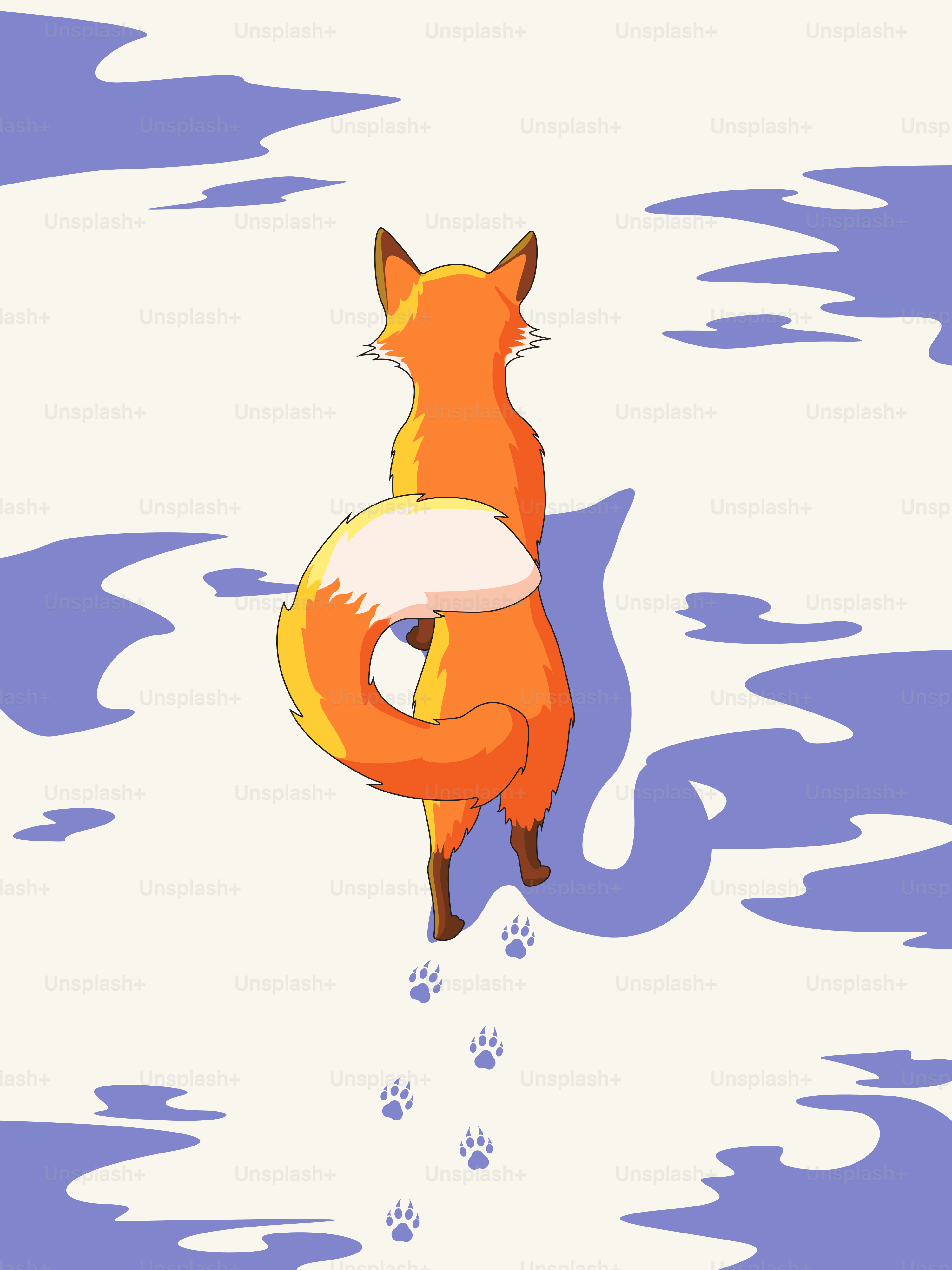 A fox walks through snow, leaving paw prints.