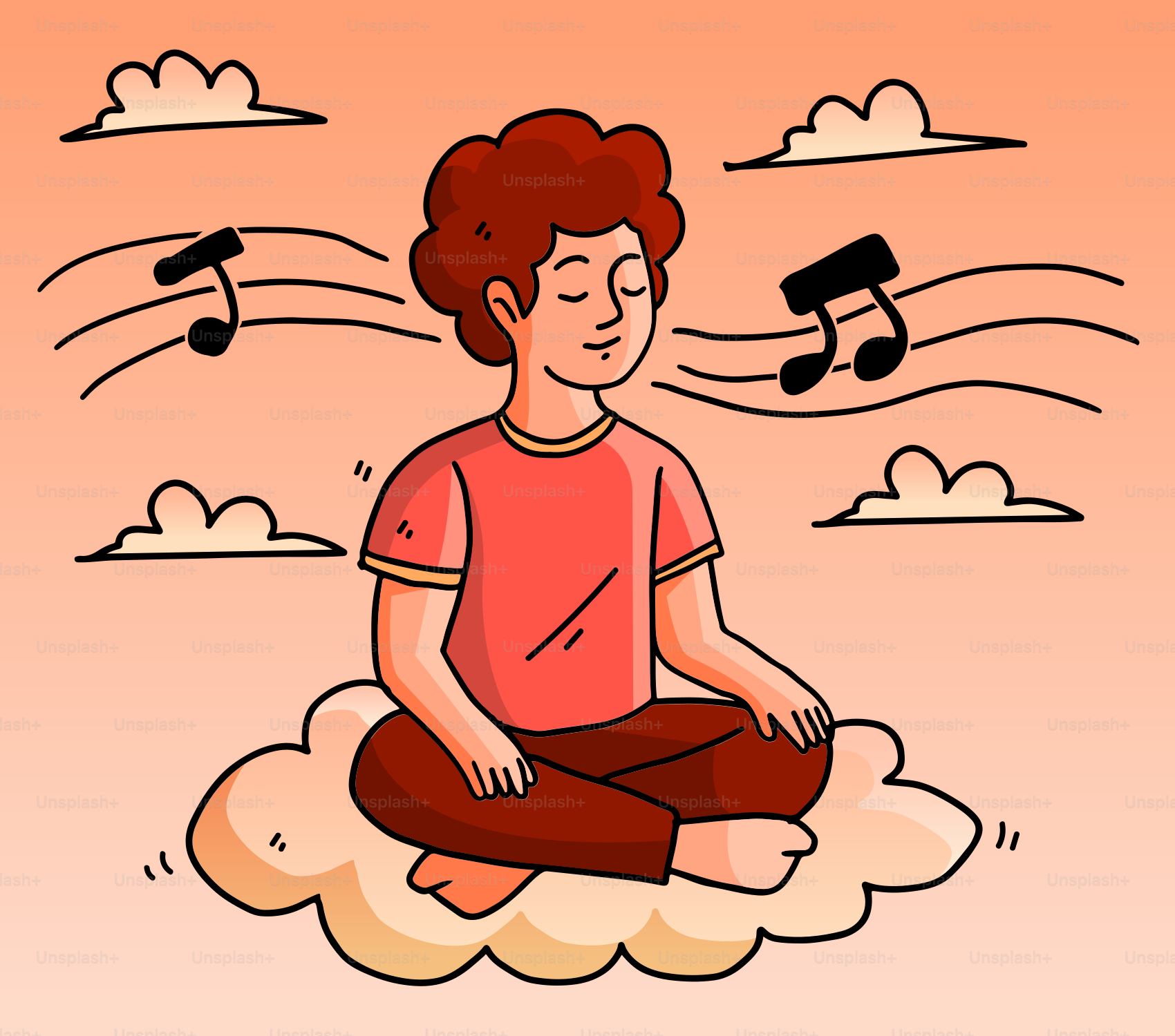 Orang yang bermeditasi mengapung dalam kebahagiaan musik.