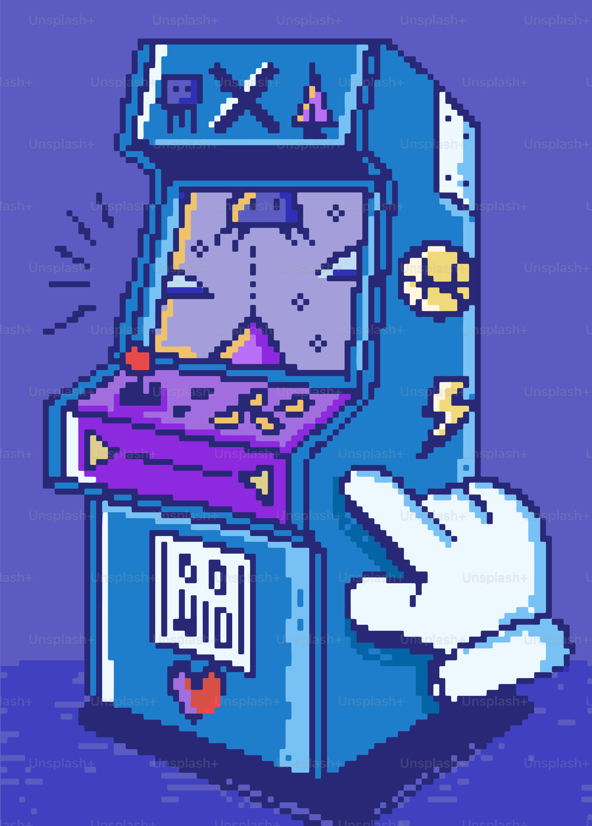 Une borne d’arcade pixelisée avec une main pointante.