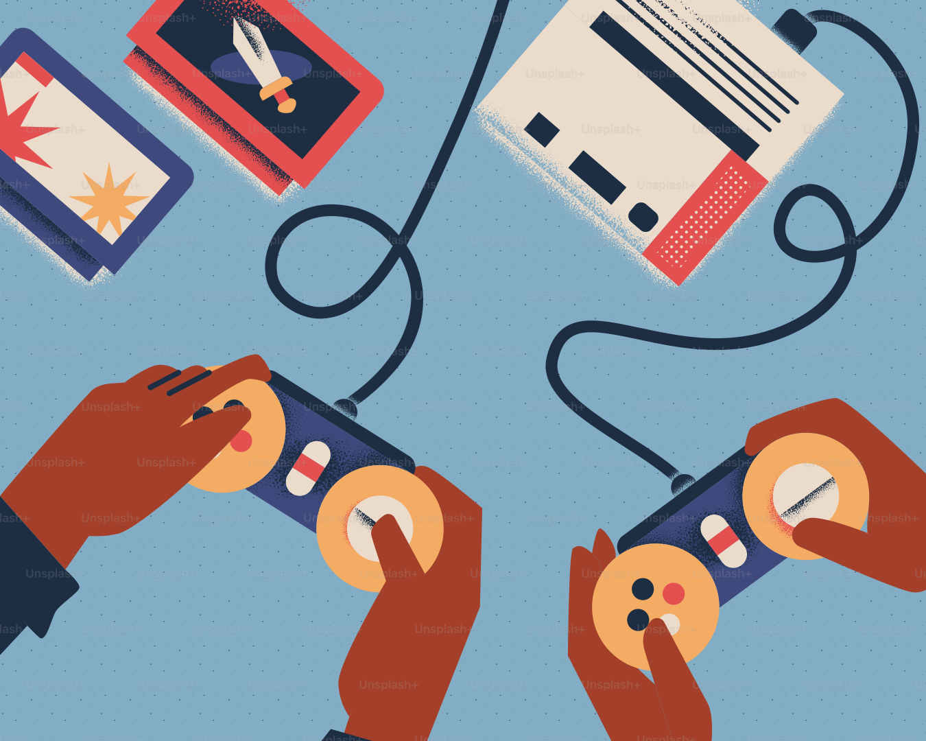 Two people play retro video games together.