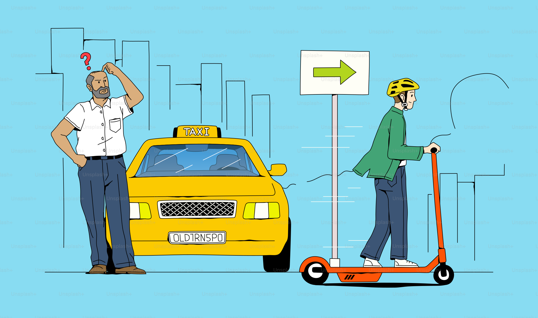 Man confused, scooter rider follows the sign.