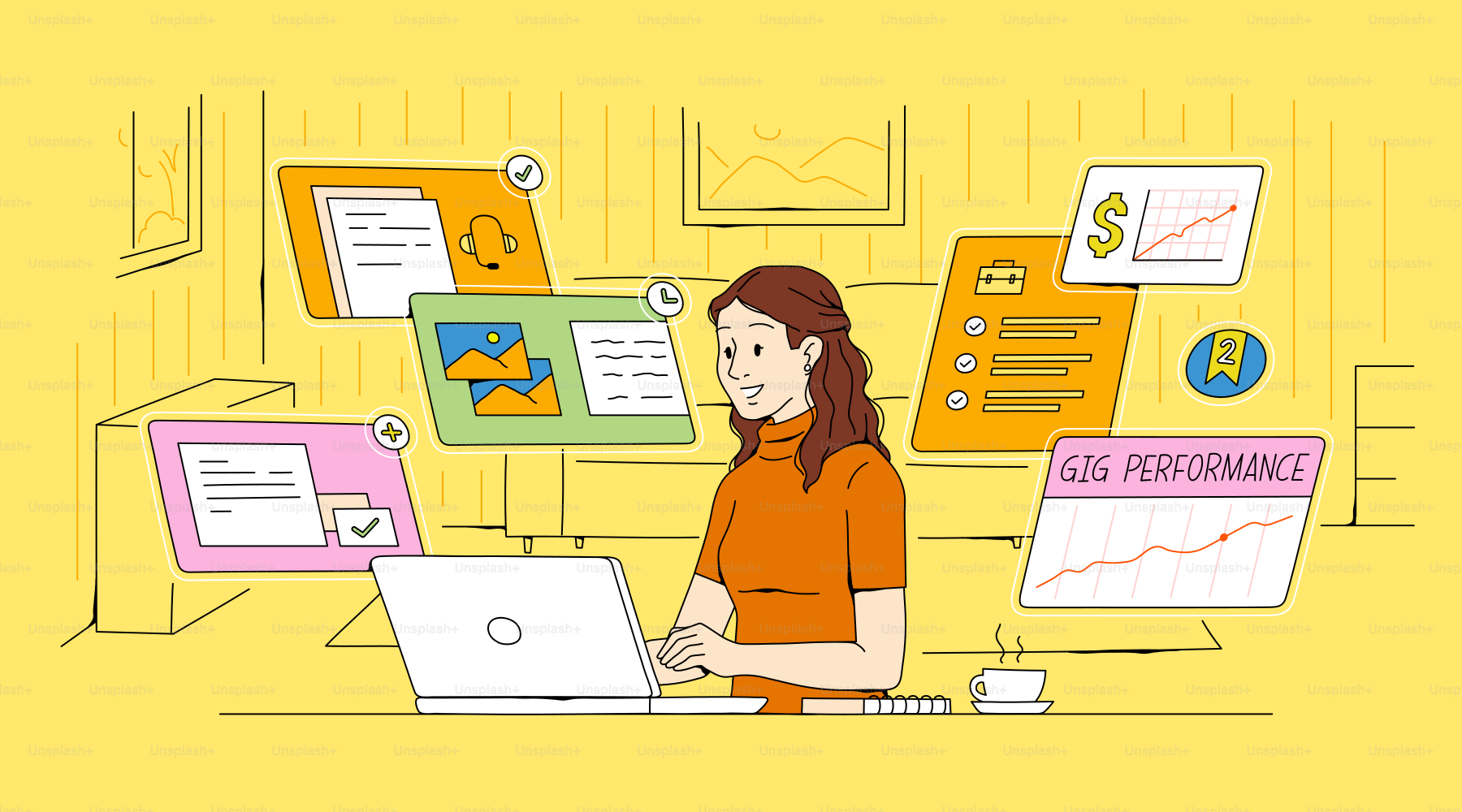 Uma mulher trabalha em um laptop com telas digitais.