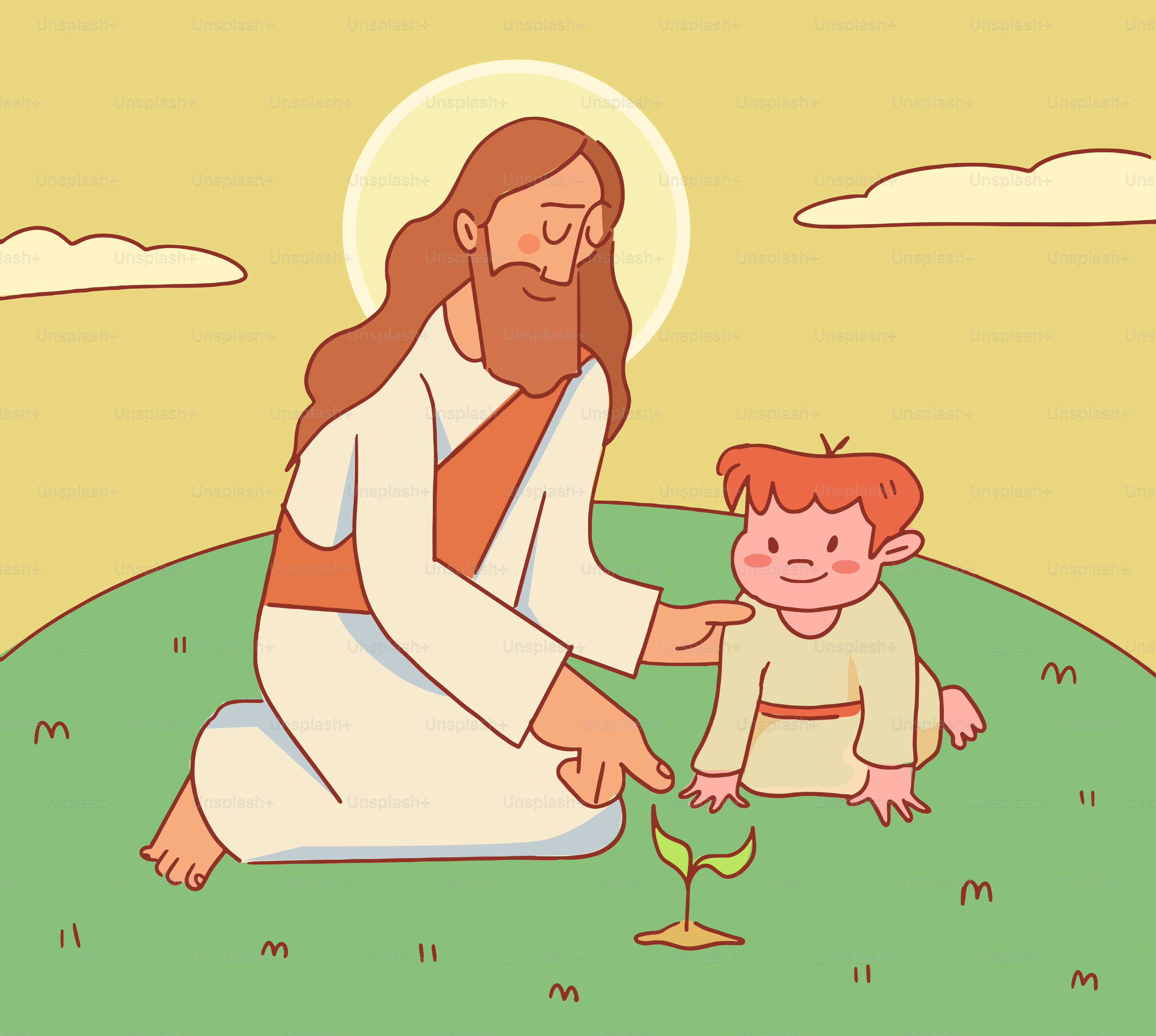 Jesús muestra a un niño una planta en crecimiento.
