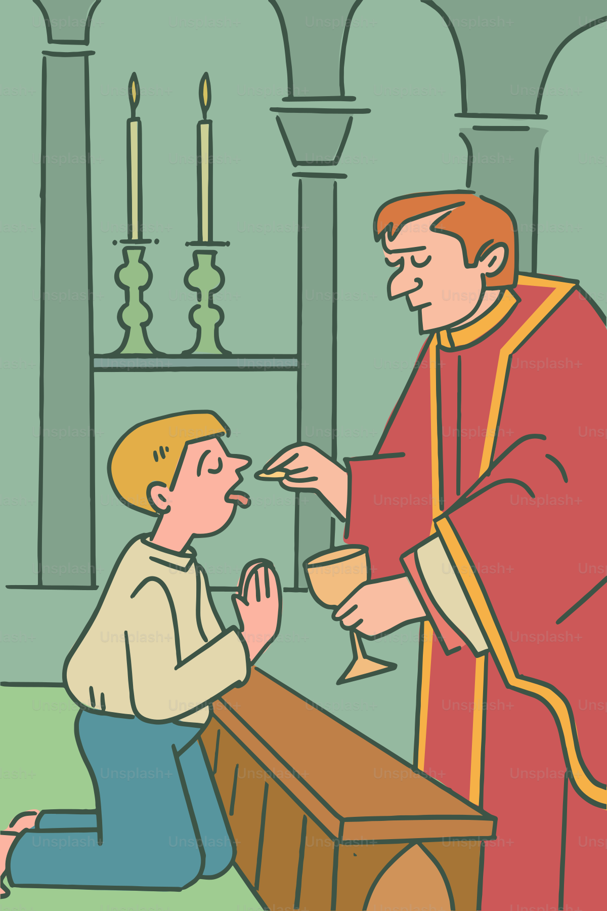 A priest gives communion to a kneeling child.