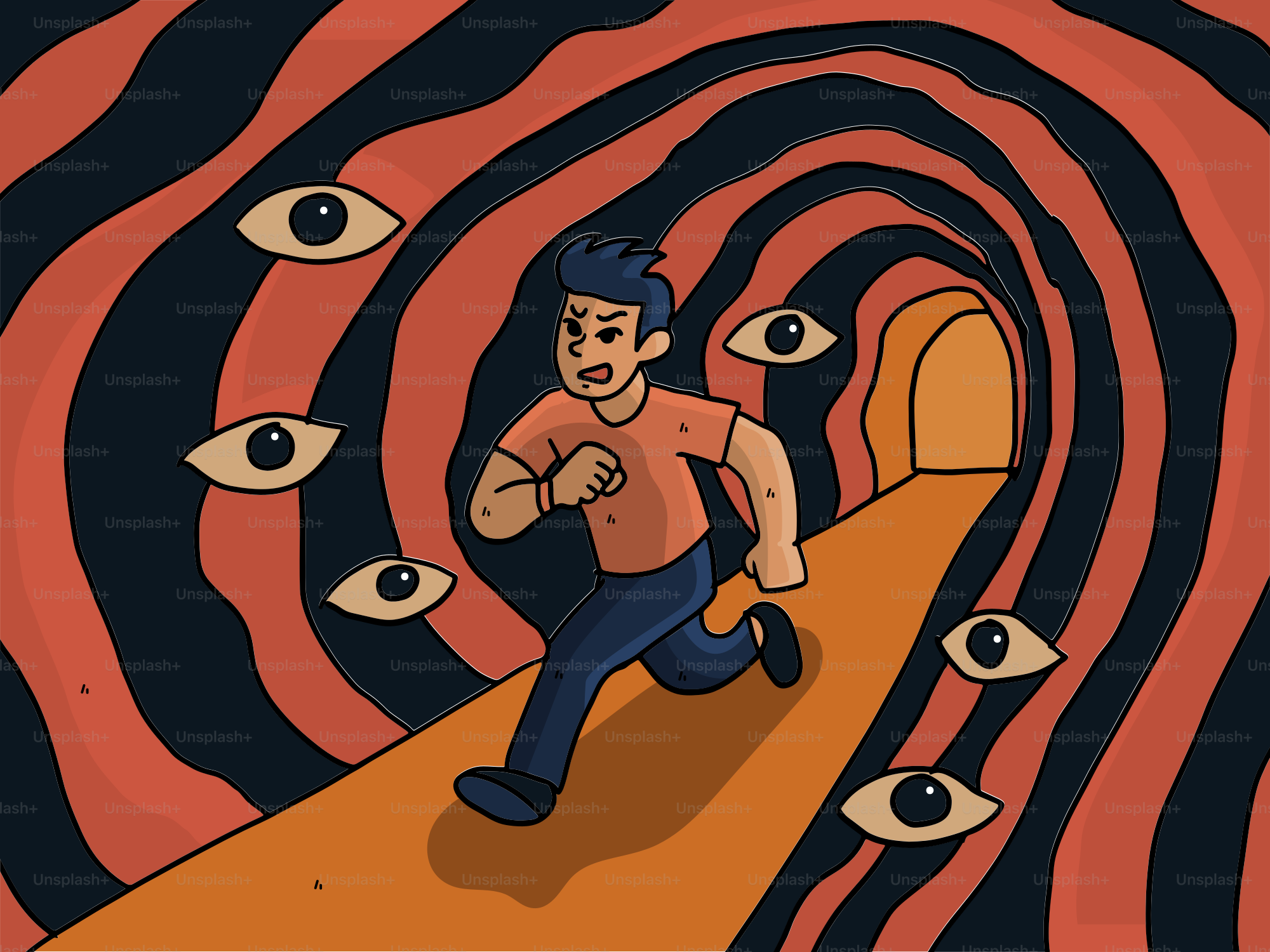 Der Mensch läuft in einem Tunnel, von den Augen beobachtet.