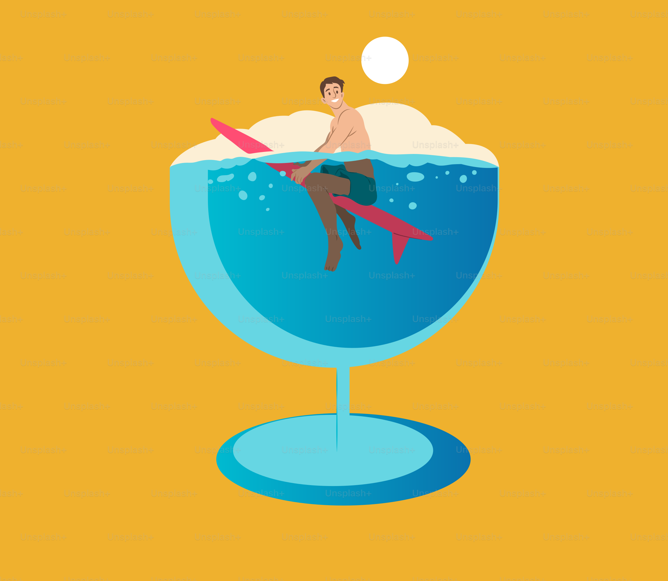 Surfeur dans un verre d’eau tropicale bleue.