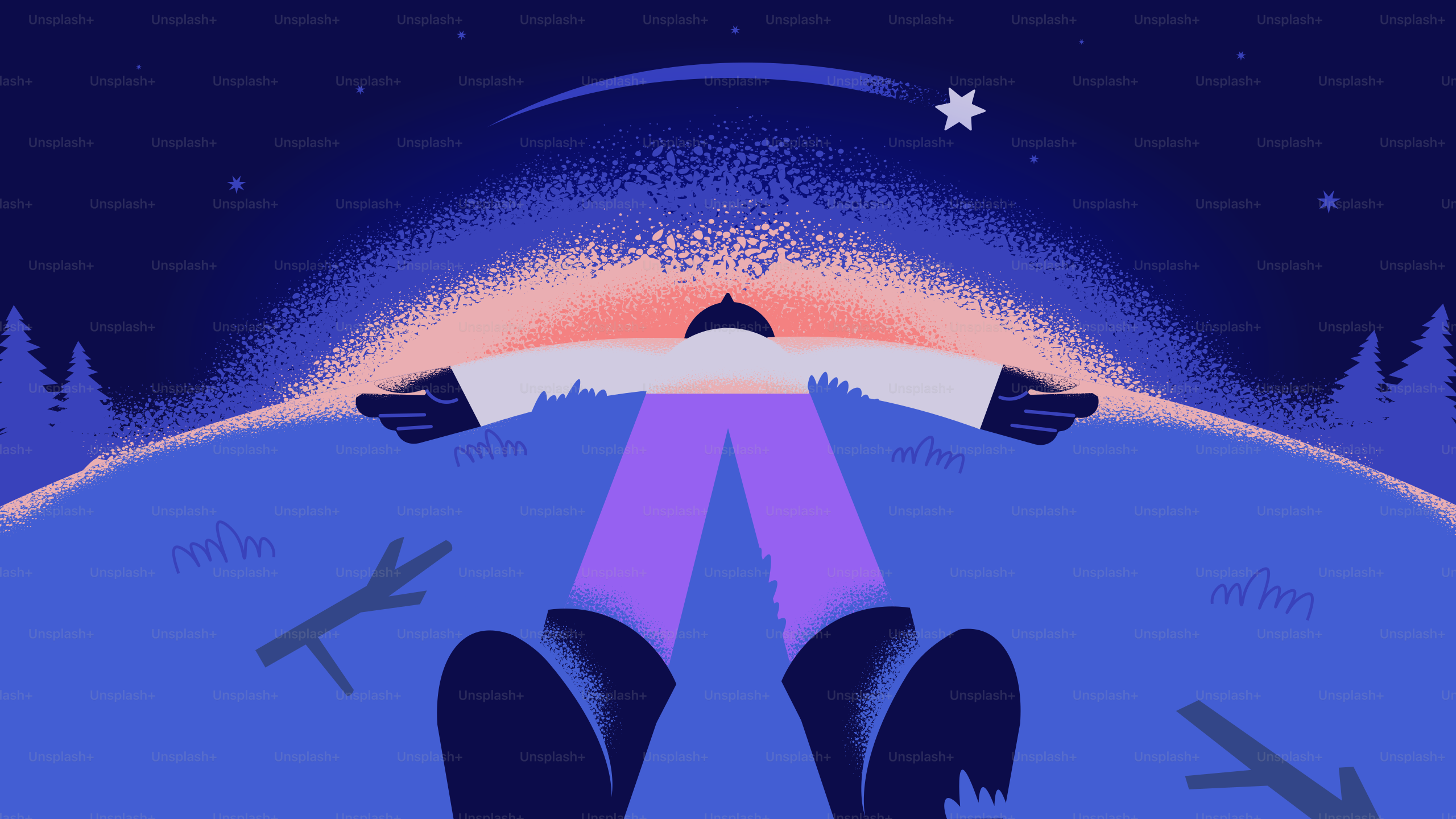 A person makes a snow angel under the stars.