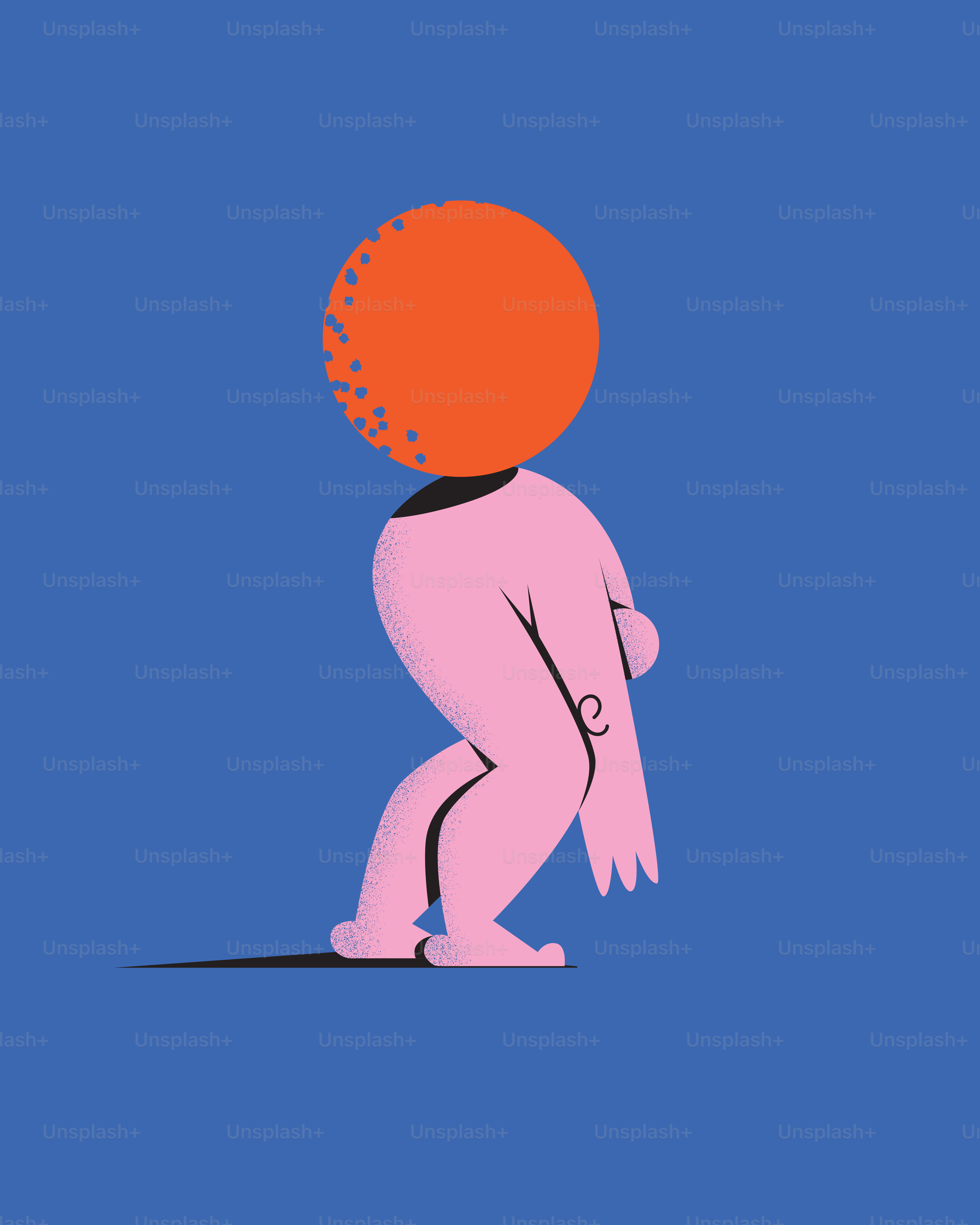 Una figura rosa con una cabeza naranja sobre azul.